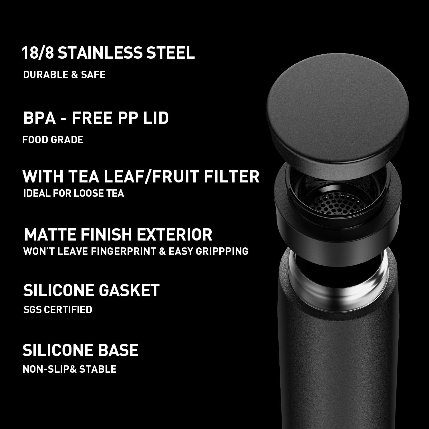 Premium Vacuum Insulated Tea Tumbler with Infuser - 17oz Leak-Proof Stainless Steel Travel Mug - Perfect for Office, Hiking & Daily Commute - Black