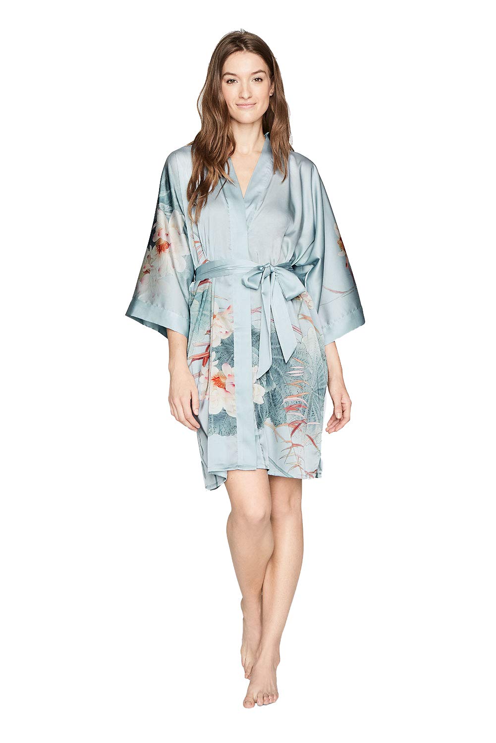 KIM+ONO Women's Short Charmeuse Kimono Robe - Watercolor Floral Print Lightweight Loungewear for Spa, Beach Cover-Up & Bridal Party