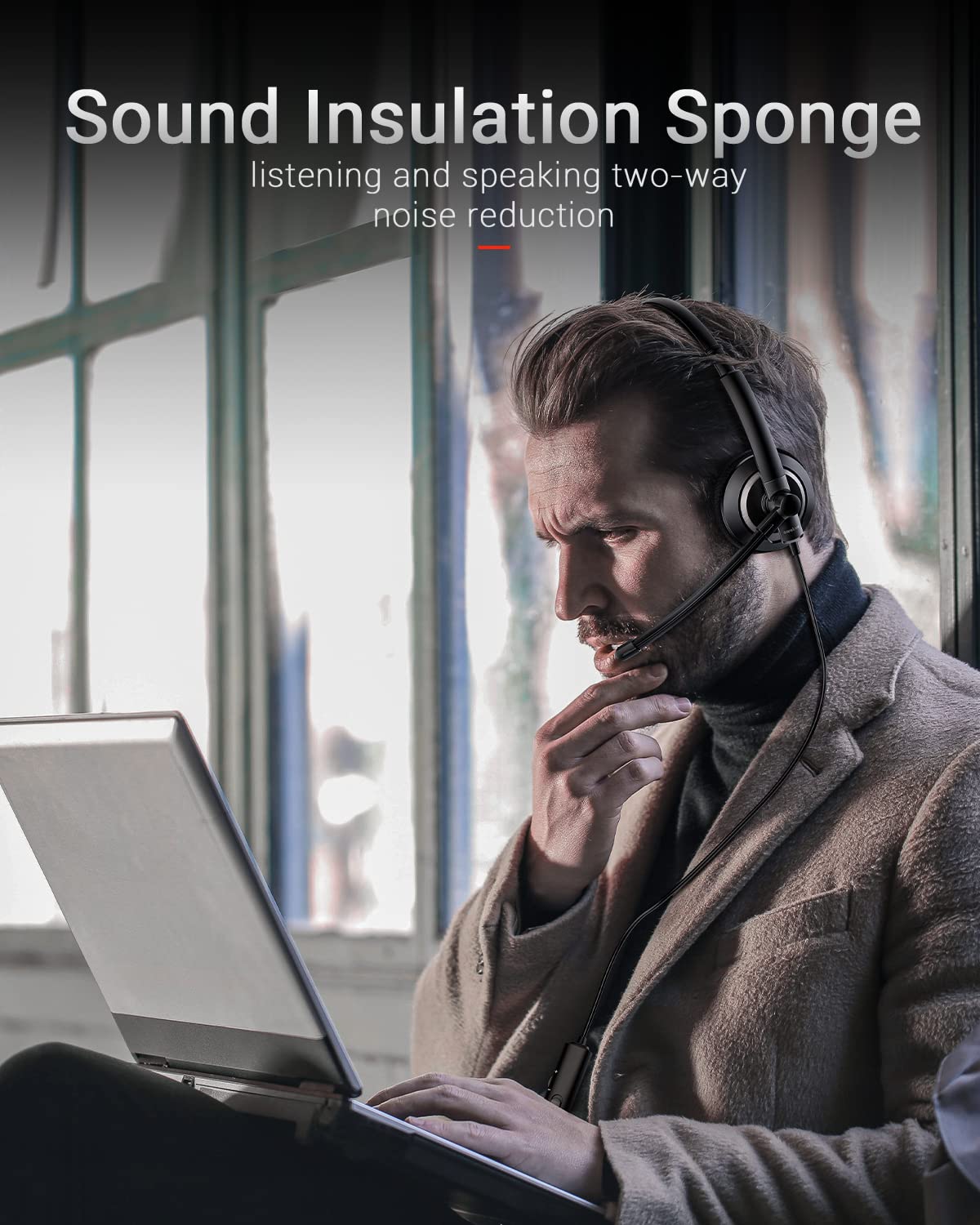 Noise Cancelling Wired Headset with Microphone for PC & Laptop - 3.5mm Jack On-Ear Headphones with In-Line Volume Control, Comfortable Ear Cushions for Skype Calls, Webinars, Gaming & Online Meetings