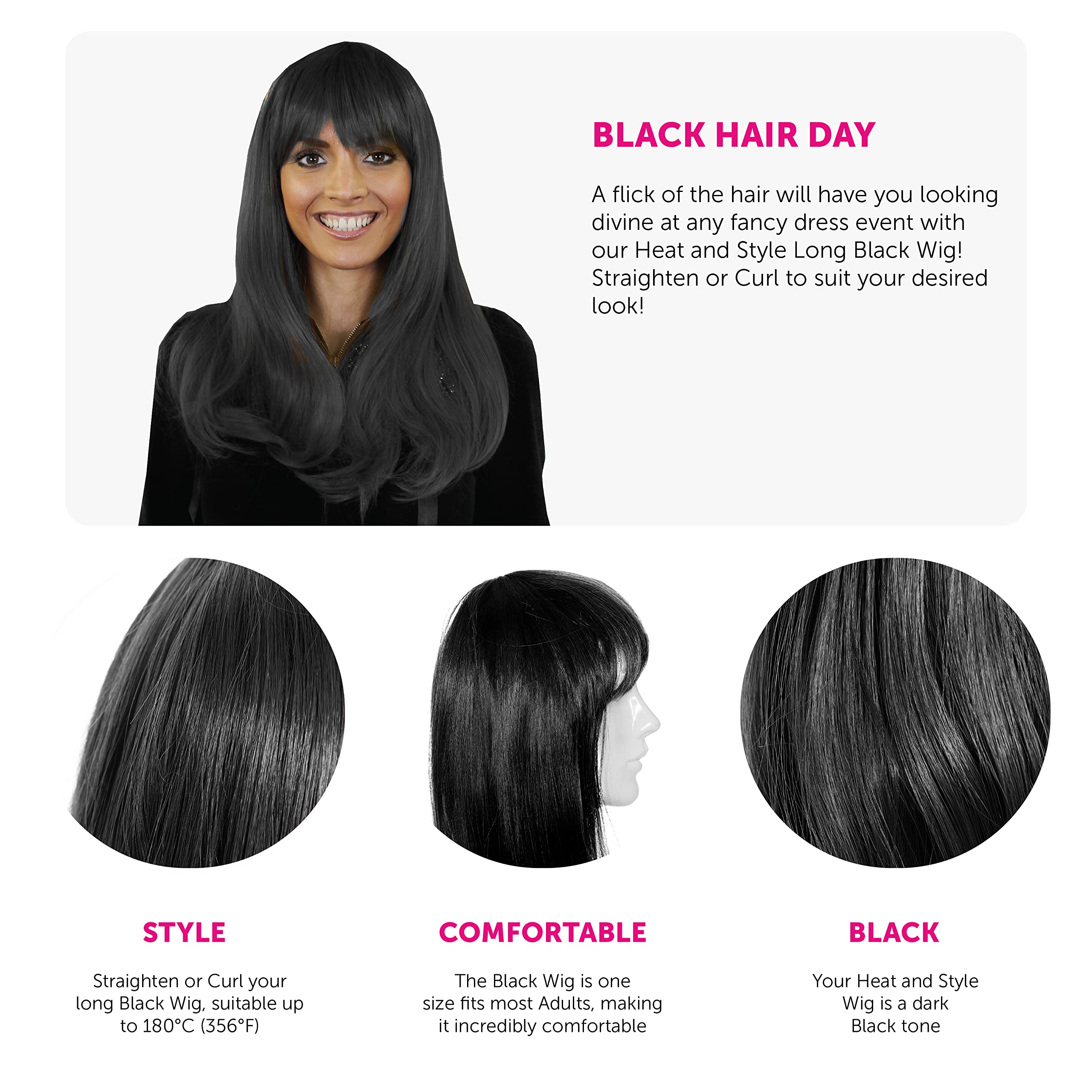 Long Black Heat Resistant Synthetic Wig - Straighten, Curl & Style - Versatile Heat-Friendly Wig for Daily Wear, Cosplay & Special Occasions
