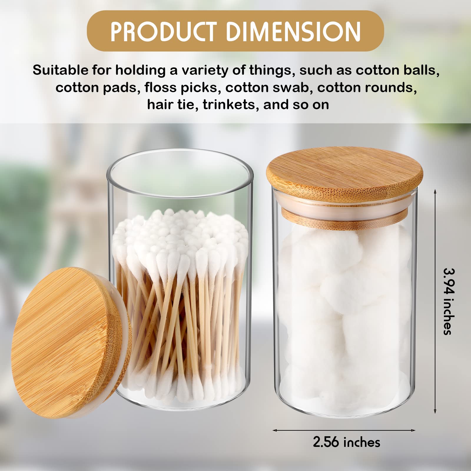 Irenare 6-Pack Glass Apothecary Jars with Lids - Bamboo Bathroom Organizer for Cotton Balls, Pads & Swabs - Elegant Vanity Storage Canisters for Bathroom Countertop & Home Decor