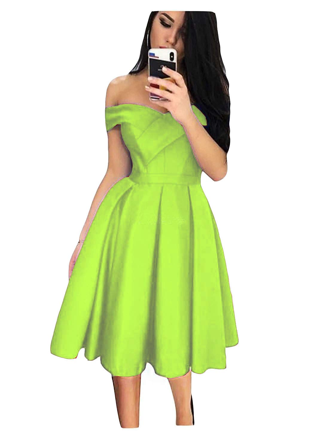 Emanni Women's Off-The-Shoulder Satin Homecoming Dress - Short Evening Gown for Prom, Formal Party & Special Occasions in Apple Green