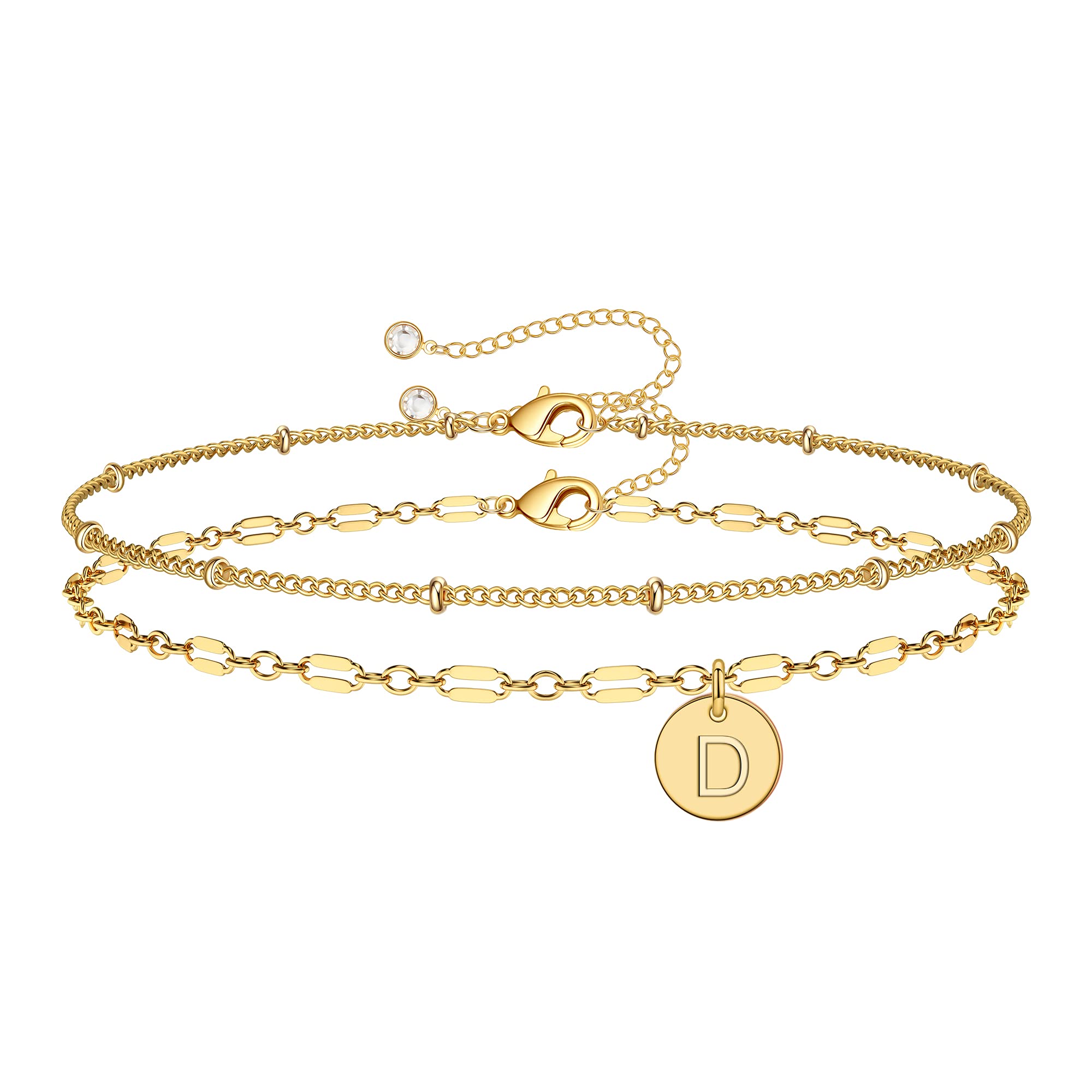 Anoup 14K Gold Plated Initial Bracelet for Women - Personalized Dainty Gold Charm Bracelet with Disc & Lip Chain - Elegant Jewelry Gift for Women & Girls - Perfect for Birthdays, Anniversaries & Everyday Wear