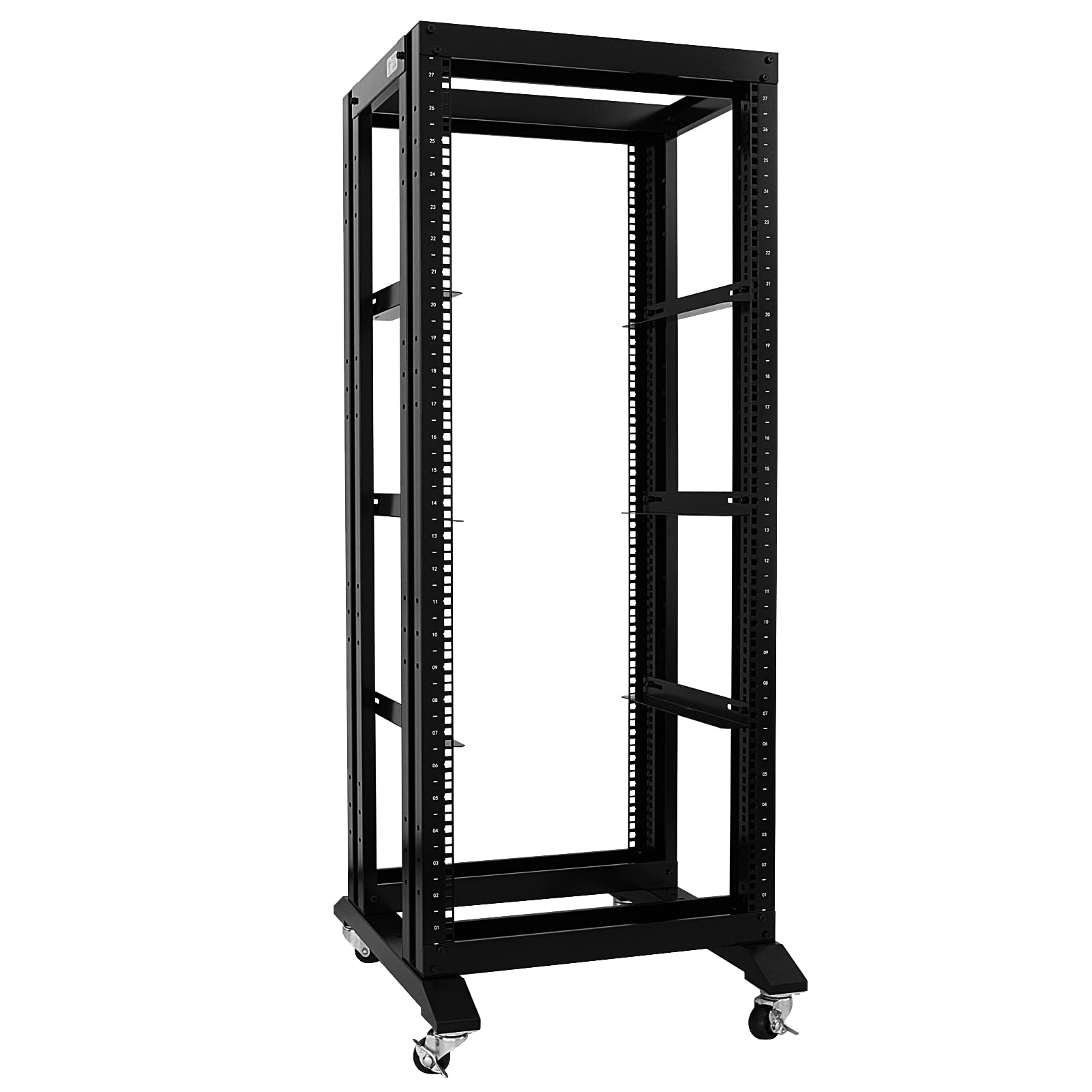 27U 4-Post Open Frame Server Rack - 19 Inch Width, 600mm Depth with 3 Pairs of L Rails | Network Equipment Rack for Data Center, Home Lab & Office Server Installation (Black)