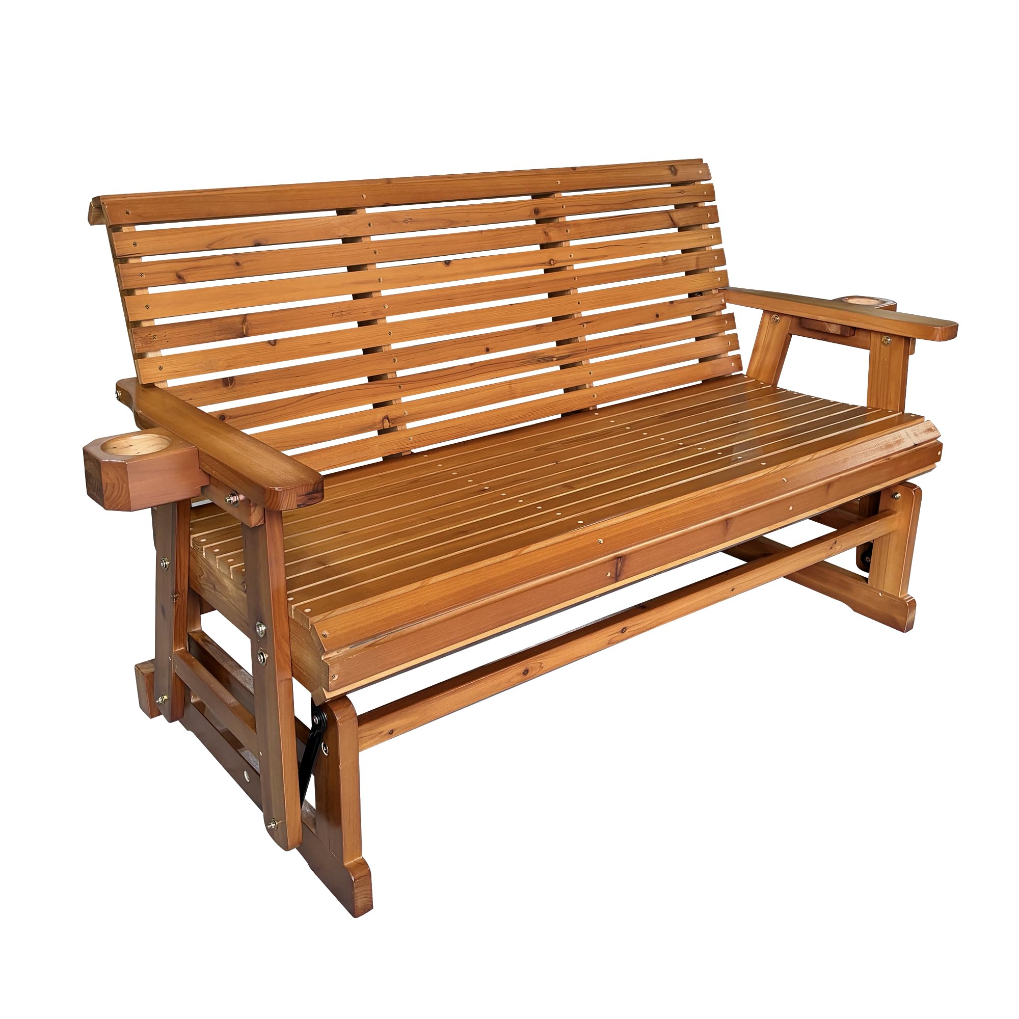 Fortune Candy 3-Seater Patio Glider with Cup Holders - High Roll Back & Deep Contoured Seat - Heavy Duty 800 lb Capacity - 5 Feet Teak Tone Outdoor Furniture - Perfect for Backyard, Garden, Deck or Poolside Relaxation