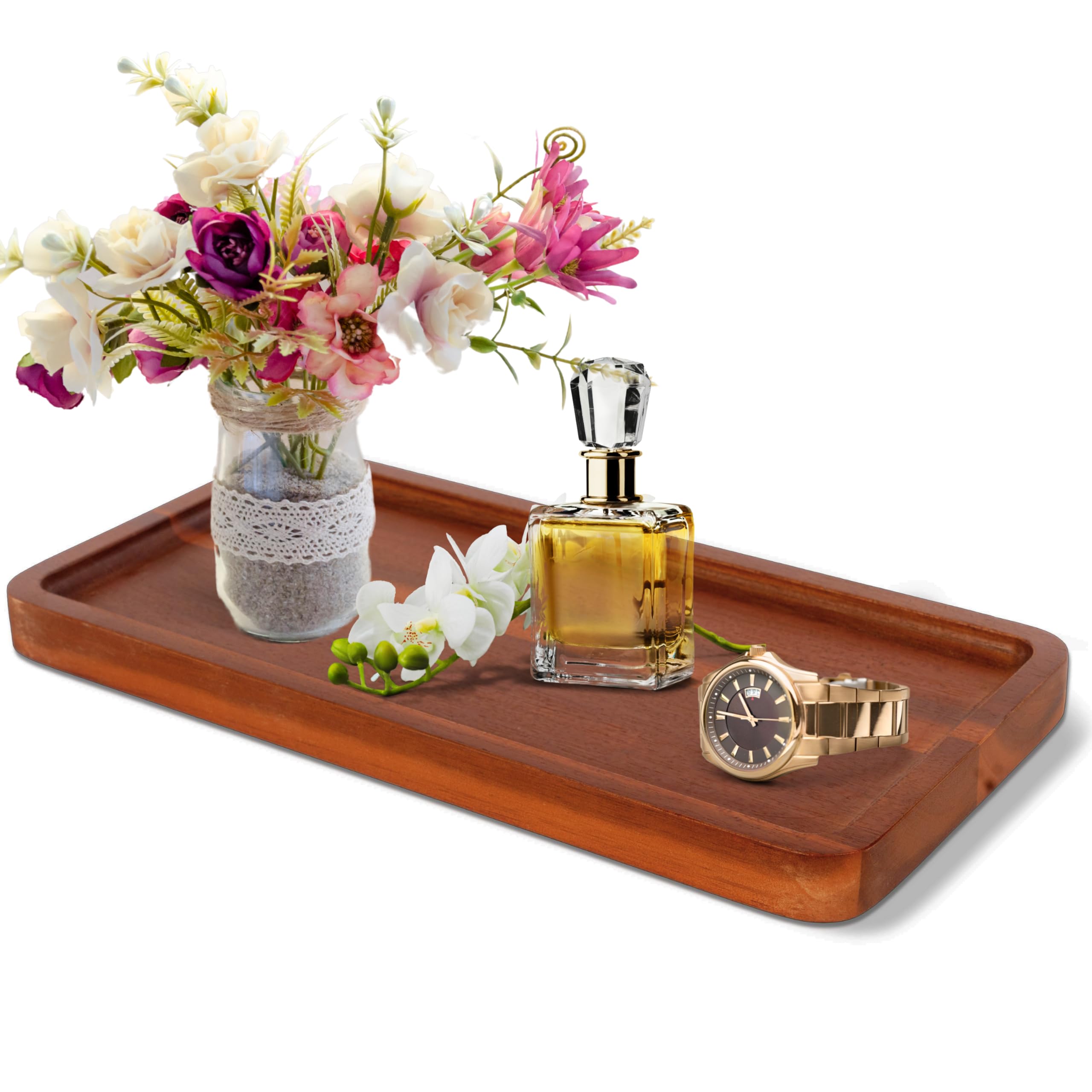 KOLWOVEN Acacia Wood Bathroom Vanity Tray - 11.8 x 5.9 Inches Elegant Organizer for Cosmetics, Jewelry, Perfume, Candles & Keys - Rustic Brown Countertop Tray for Bathroom, Kitchen, Dresser & Toilet Tank (1 Pack) | Perfect for Home Decor, Wedding Gifts & Spa Organization