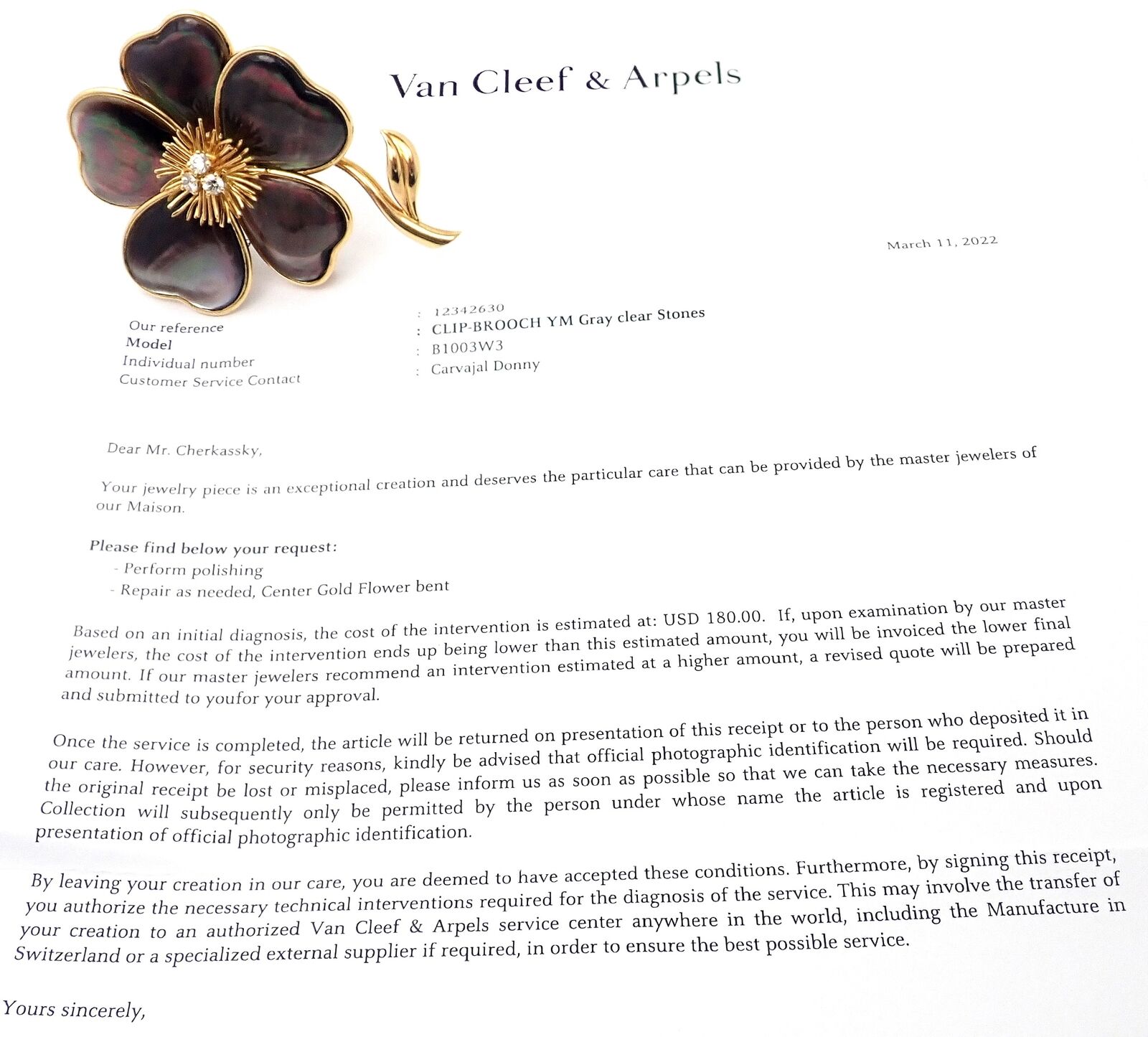 Van Cleef & Arpels Clématite 18k Yellow Gold Diamond & Gray Mother of Pearl Brooch Pin - Luxury Jewelry Gift for Women, Perfect for Weddings & Special Occasions