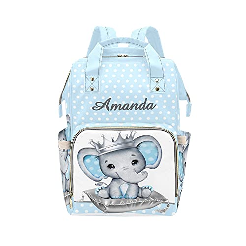 Custom Silver Blue Elephant Diaper Backpack for Men & Women - Personalized Baby Bag with Name, Nursing & Travel Shoulder Bag - Perfect for Daycare, Hospital Visits & Family Outings