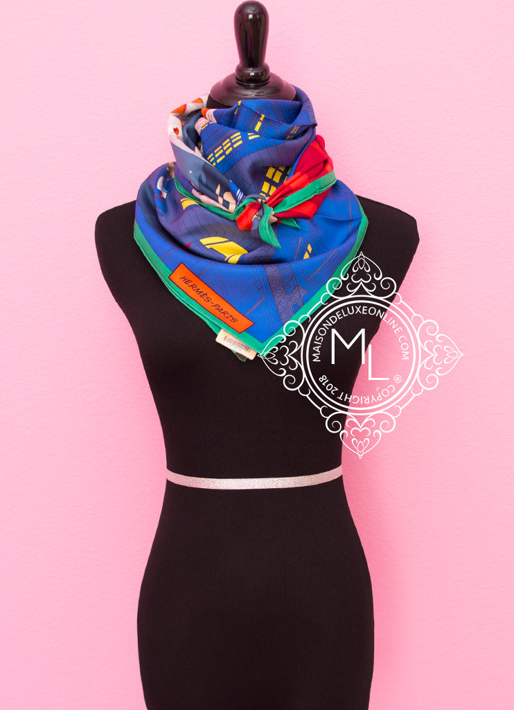 Authentic Hermes Blue Red Twill Silk 90cm Scarf - Luxury Fashion Accessory for Women, Perfect for Shopping & Au Faubourg Style Outfits