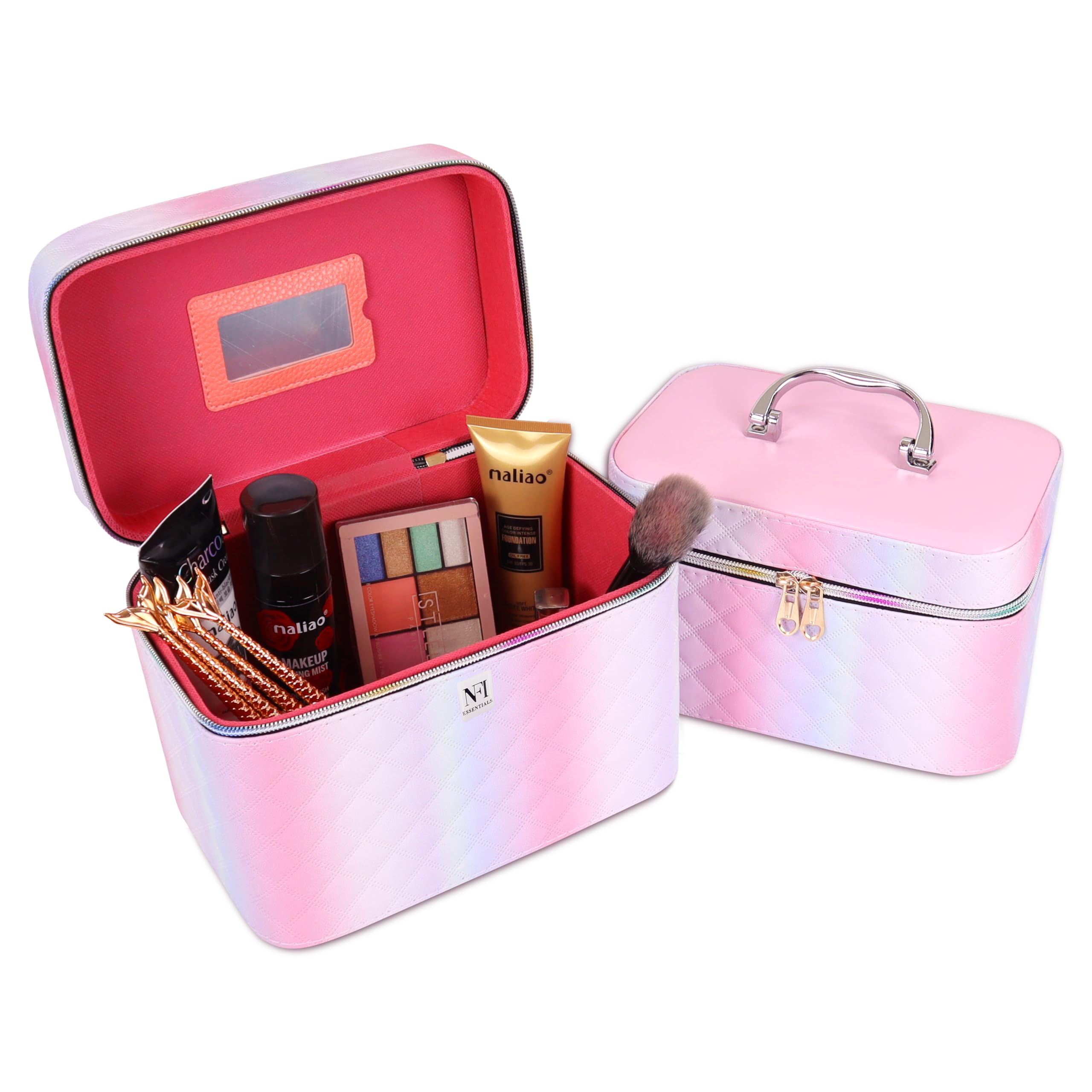 NFI Essentials 2-Piece Printed Makeup Box Set - Pink Cosmetic & Jewelry Organizer, Bridal Trousseau Vanity Case - Perfect for Wedding Makeup Storage, Bride Beauty Essentials & Travel Cosmetics Organization