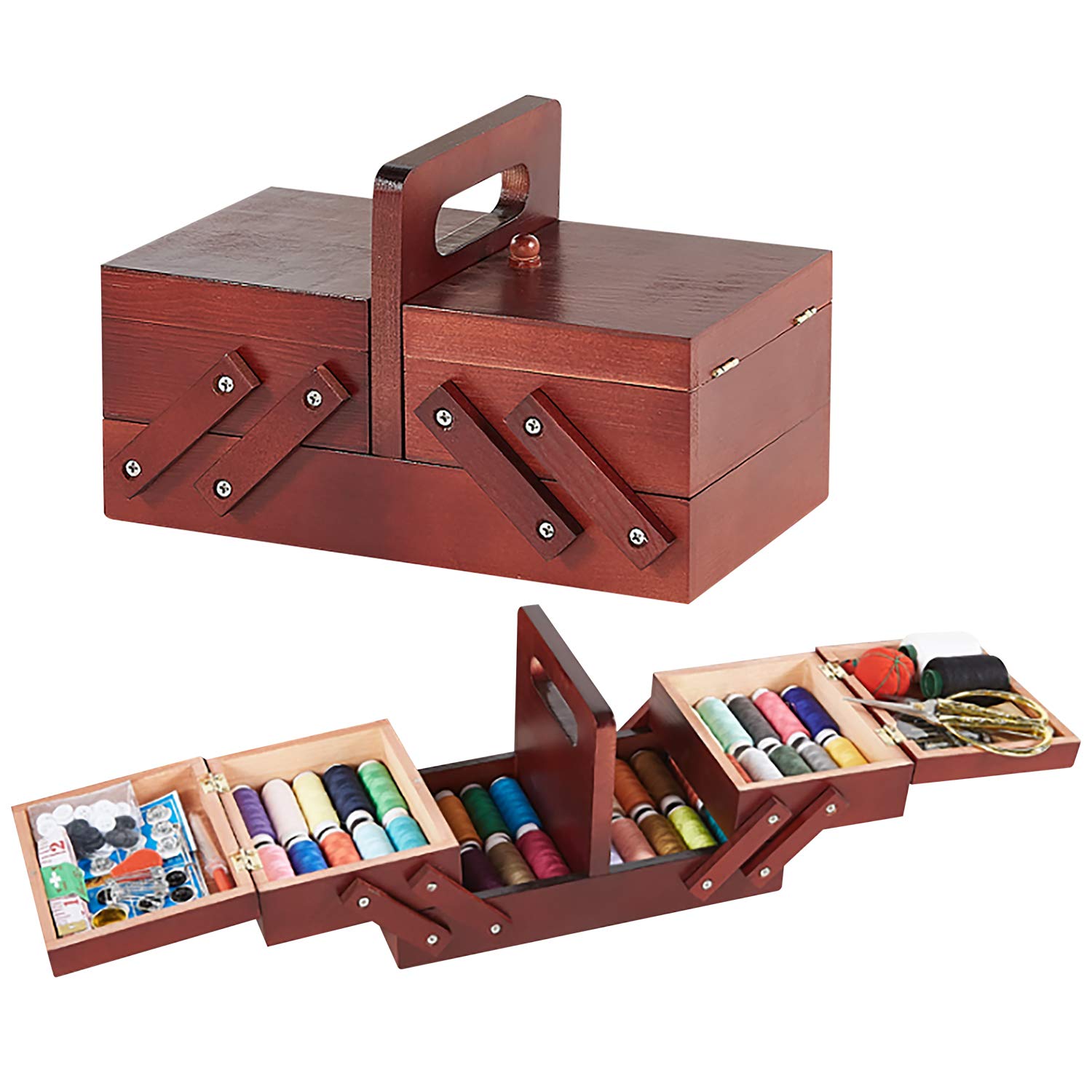 PRIMO SUPPLY Expandable Wooden Sewing Box with Handle - Organizer for Thread Spools, Embroidery Kits & Quilting Supplies - Portable Sewing Storage Basket for Crafters & DIY Enthusiasts - Perfect for Home Sewing Rooms, Craft Studios & Travel Projects