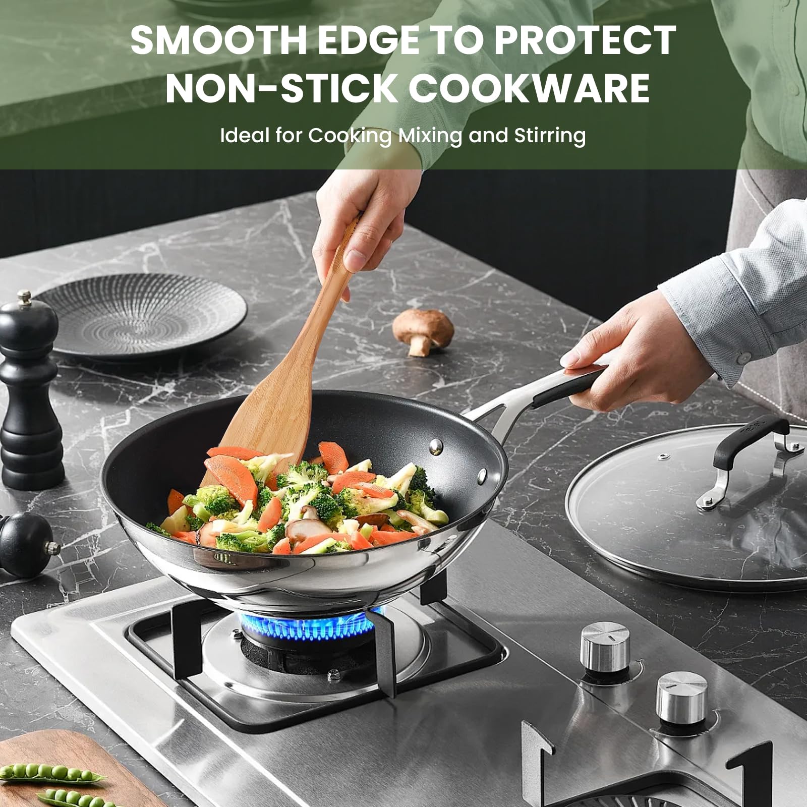 GEEKHOM 2-Pack 13 Inch Bamboo Spatulas for Nonstick Cookware - Wooden Kitchen Utensils for Cooking, Flipping Pancakes, Fish & Eggs - Eco-Friendly Slotted Wok Turner - Perfect for Sauteing, Stir-Frying & Serving Healthy Meals
