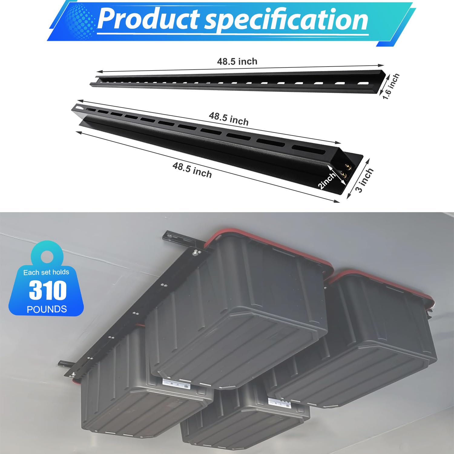 Heavy Duty Overhead Garage Storage System - Adjustable Ceiling Tote Rack for Home & Garage Organization (48