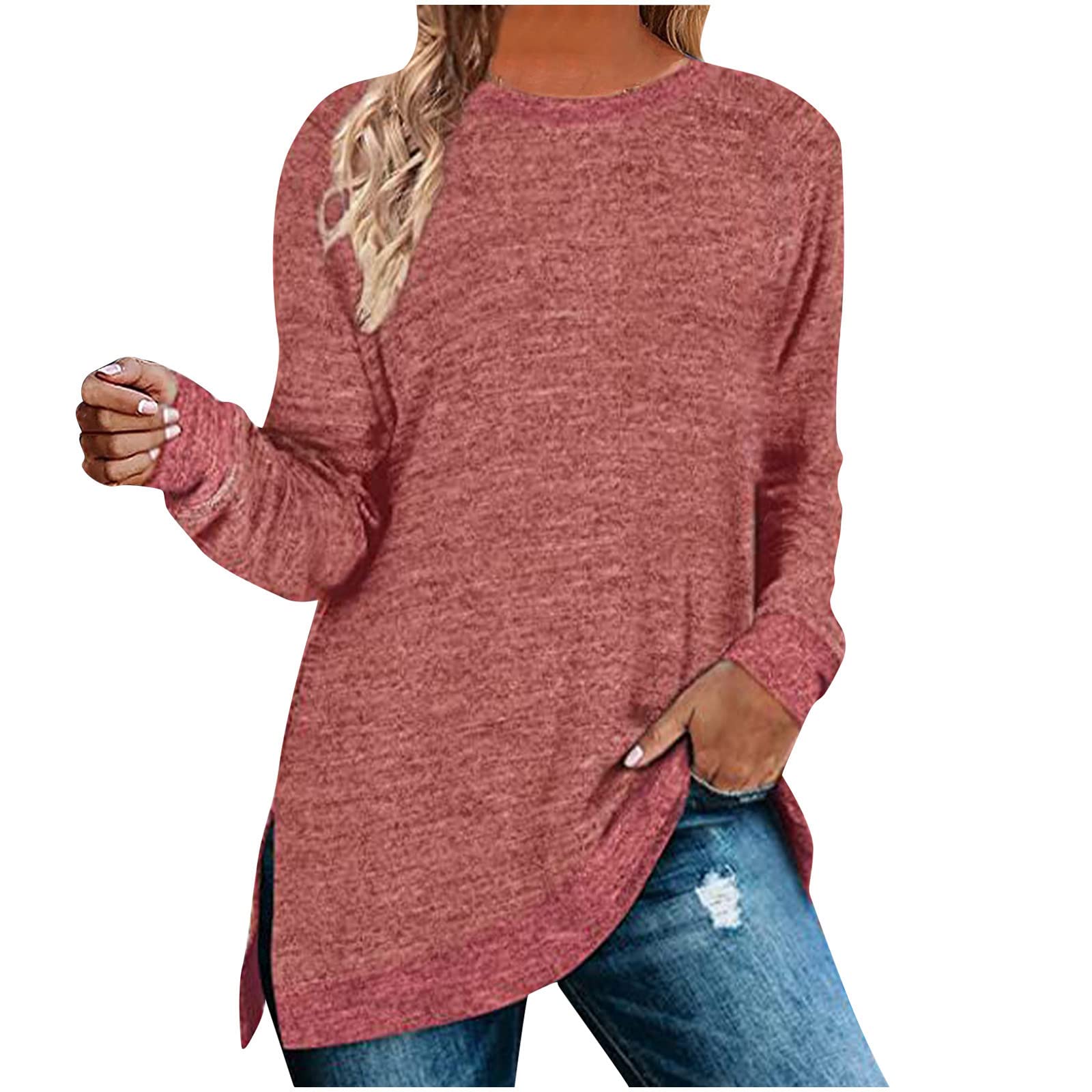 FAVIPT Women's Trendy Solid Color Round Neck Long Sleeve Split Side Patchwork Blouse - Casual Pullover Tunic Top for Work, Date Night & Everyday Wear
