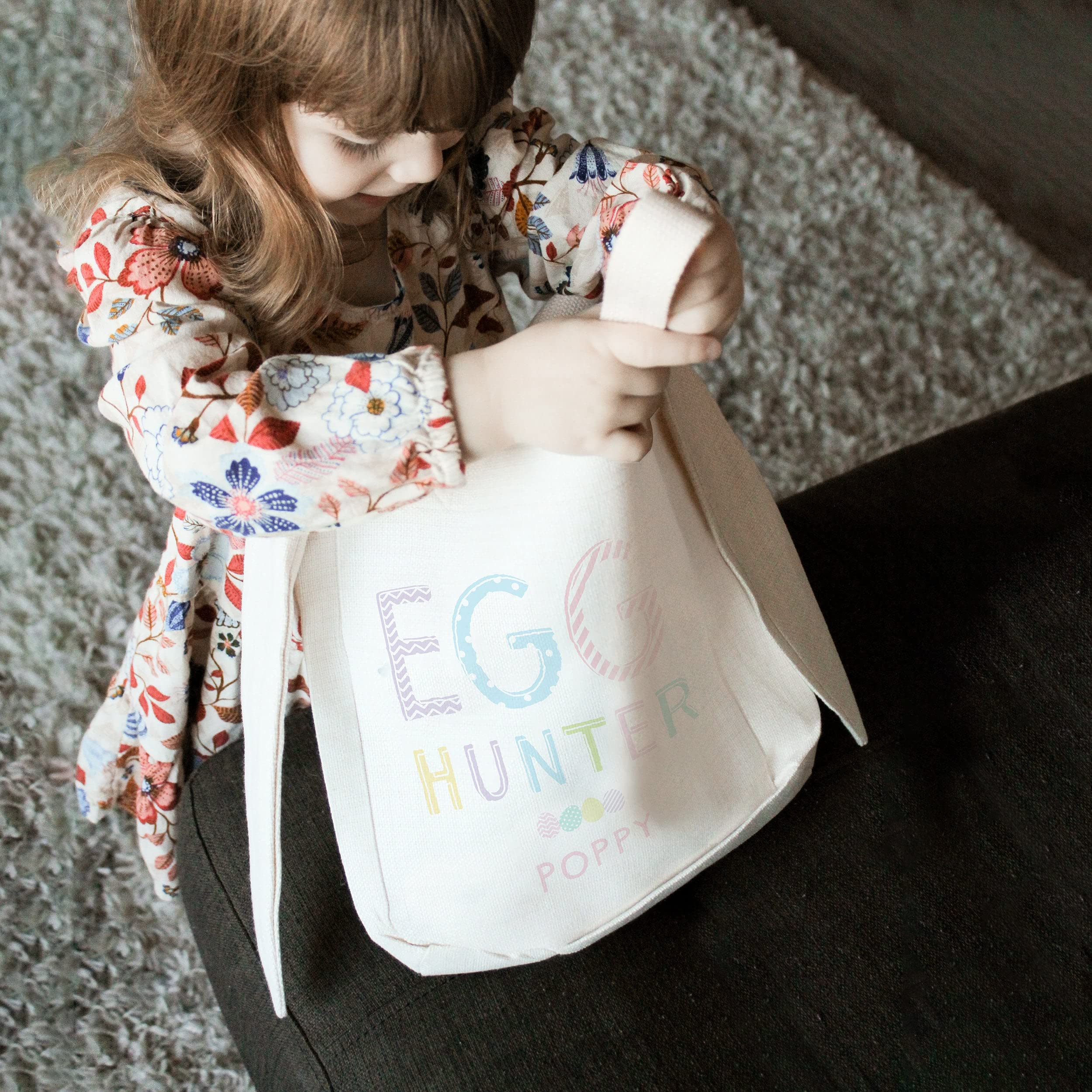 Customizable Easter Bunny Ears Canvas Tote Bag for Egg Hunting - Personalized Fabric Basket for Easter Celebrations, Spring Festivals & Kids' Easter Party Favors