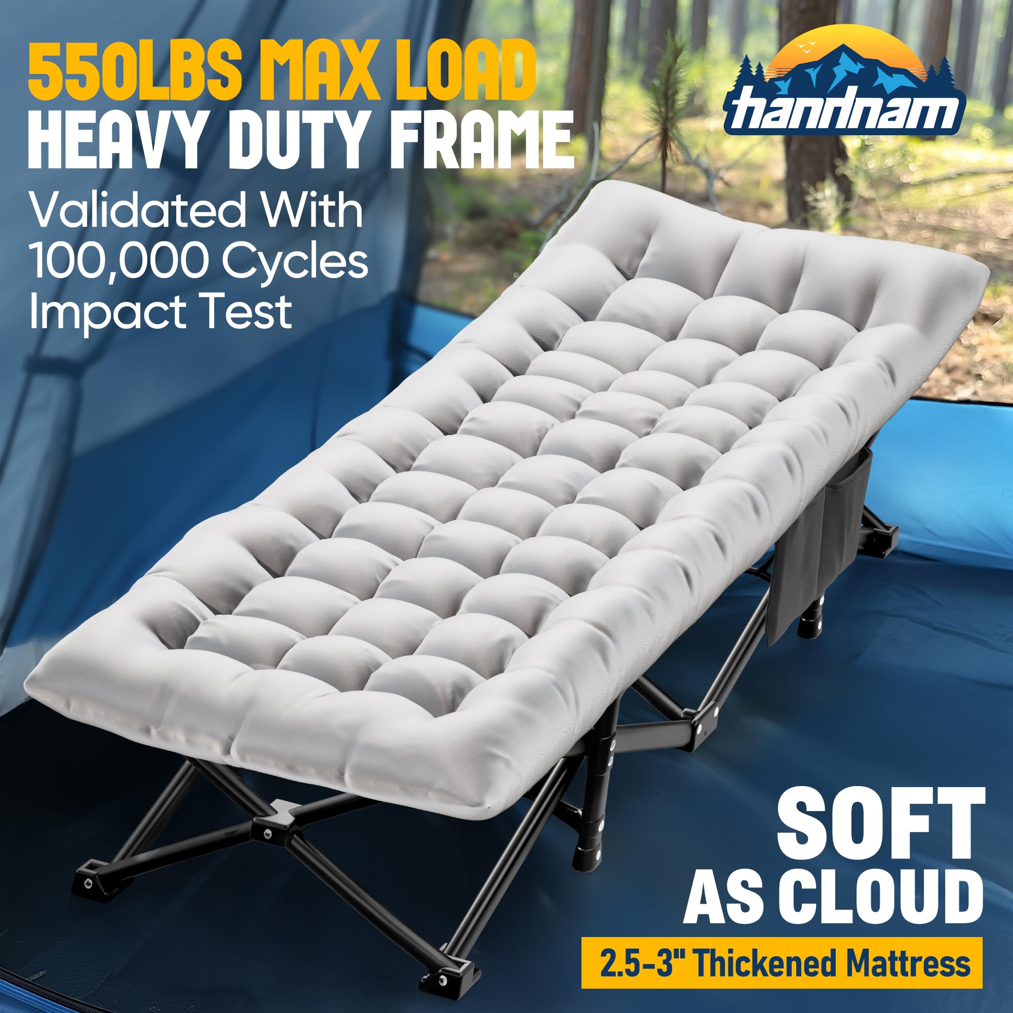 Heavy Duty Folding Camping Cot for Adults - 1200D Double Layer Oxford Fabric with Flannel Blanket - Portable Sleeping Cot Supports 550LBS - Perfect for Camping, Home Office Naps, Beach Travel & Outdoor Adventures