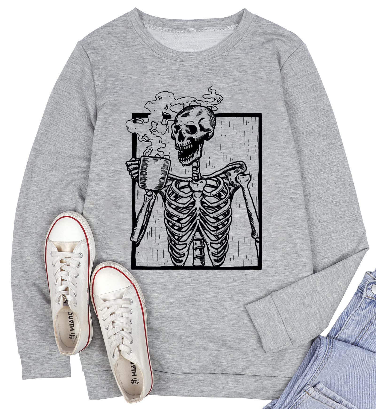 Women's Halloween Skeleton Coffee Lover Sweatshirt - Spooky Skull Graphic Pullover Top for Fall, Casual Wear & Coffee Shop Outfits