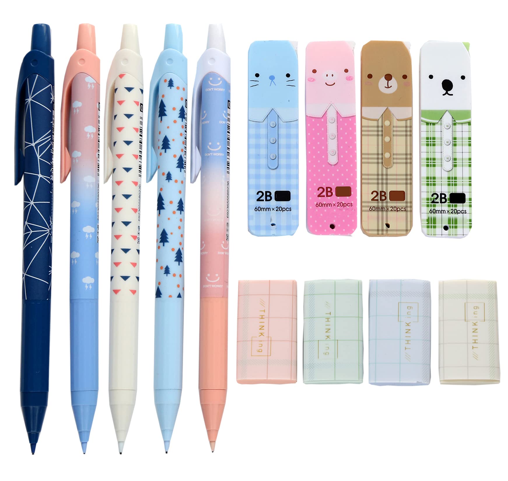 0.5mm Mechanical Pencil Set - 5 Pack Drafting Pencils with 4 Lead Refills & 4 Erasers - Perfect for Writing, Sketching, School & Office Supplies
