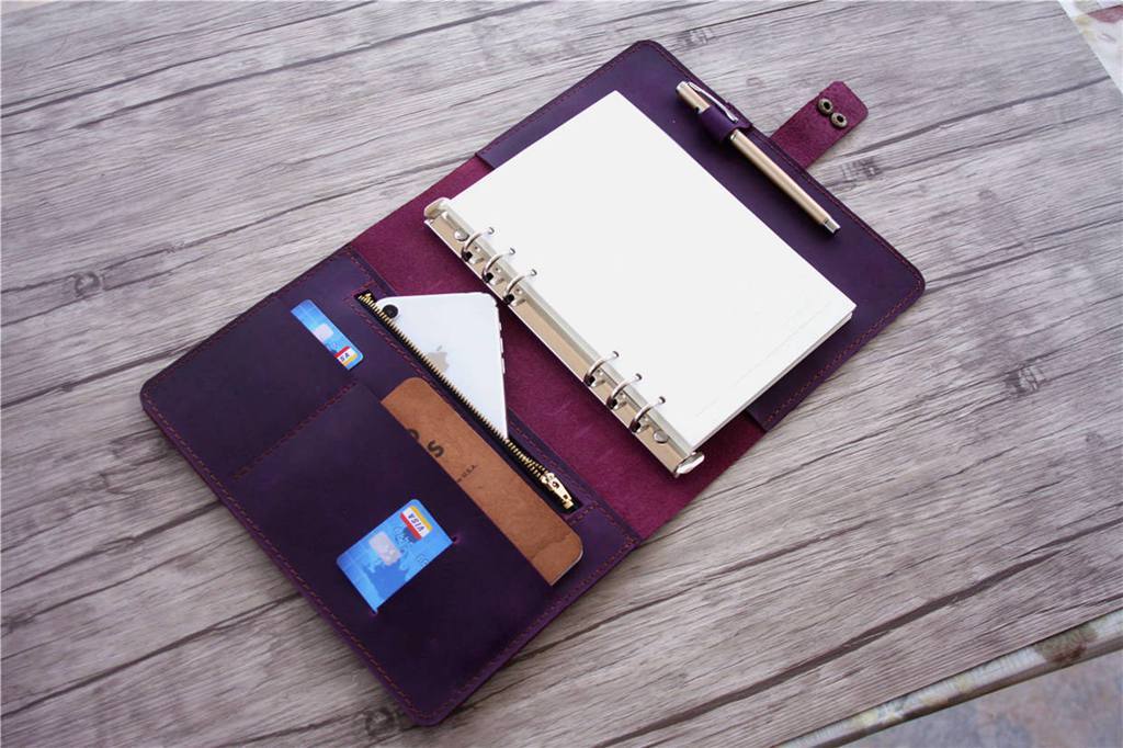 Personalized Refillable Purple Leather 6-Ring Binder Notebook - Customizable Planner for School, Office & Business Organization
