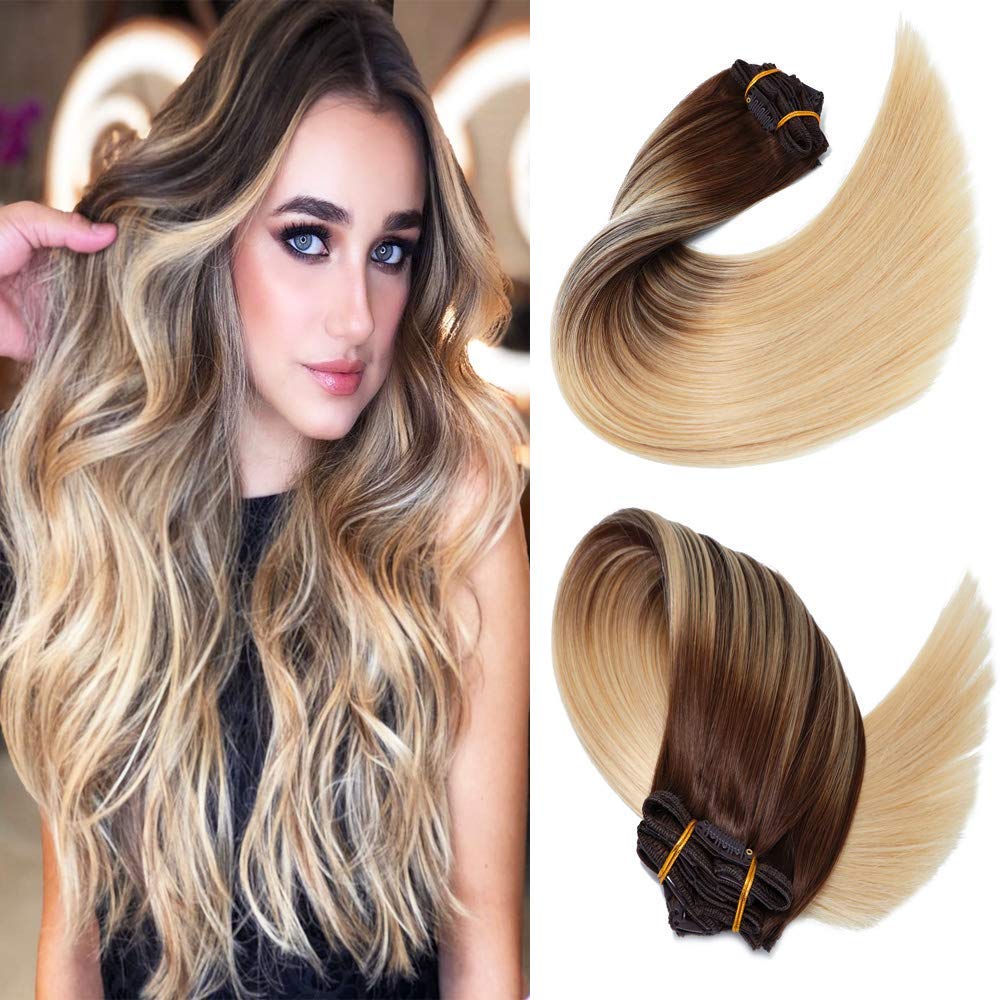 HUAYI 14-22 Inch Blonde Ombre Balayage Human Hair Extensions - 7pcs Clip-in Set (120g, Medium Brown #44613) for Thick, Silky & Tangle-Free Volume | Perfect for Parties, Weddings & Daily Styling