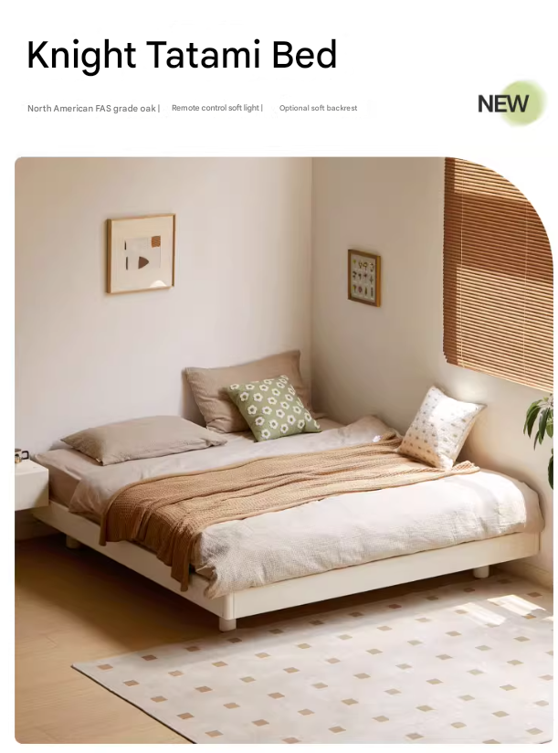Solid Oak Wood Platform Bed - No Headboard, Cream Finish - Modern Minimalist Bedroom Furniture for Small Spaces & Loft Apartments