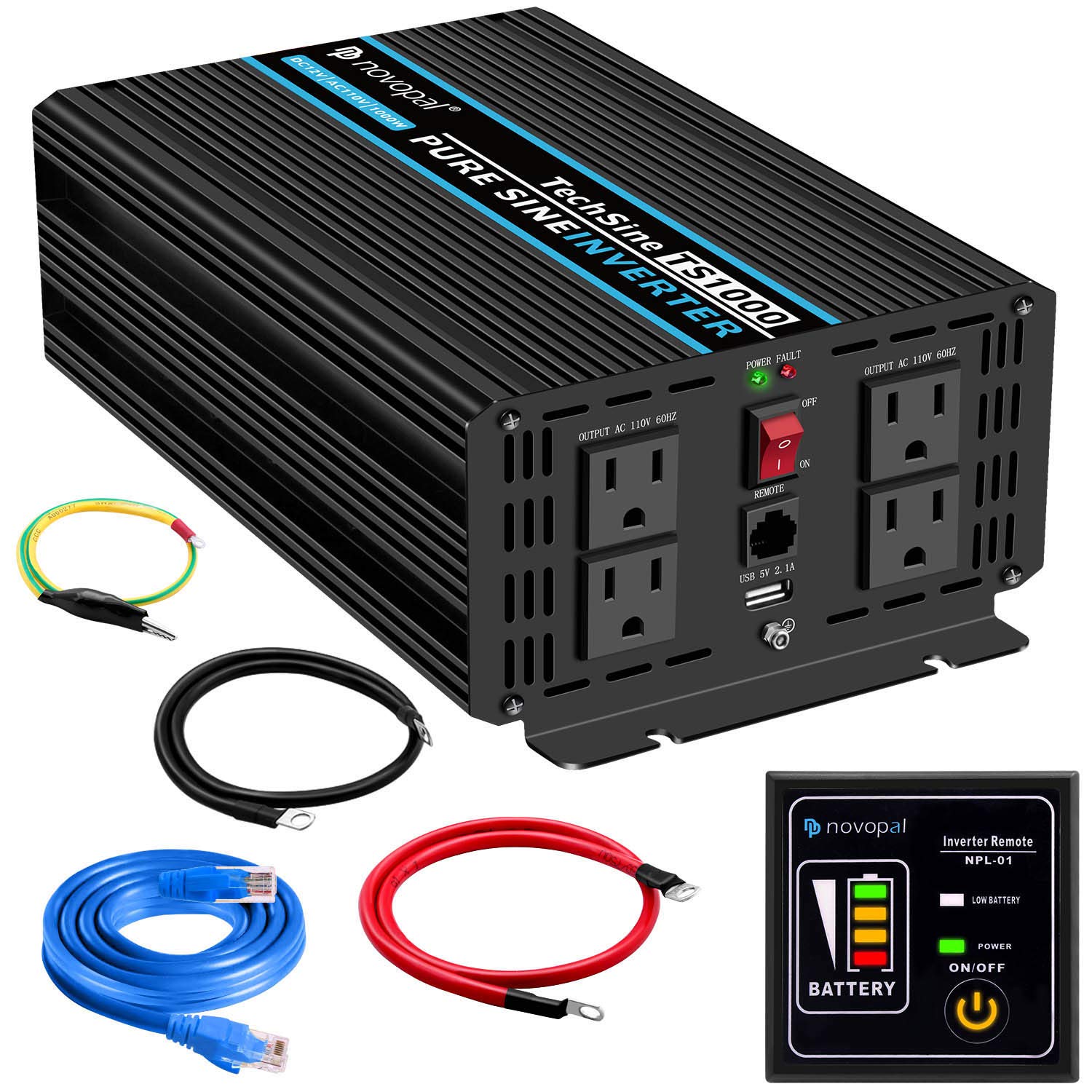 Novopal 1000W Pure Sine Wave Power Inverter - 24V DC to 120V AC Converter with 4 Outlets & USB Port - 2000W Peak Power for RV, Truck, Solar System - Includes 16.4ft Remote & Dual Cooling Fans for Camping, Road Trips, Emergency Power