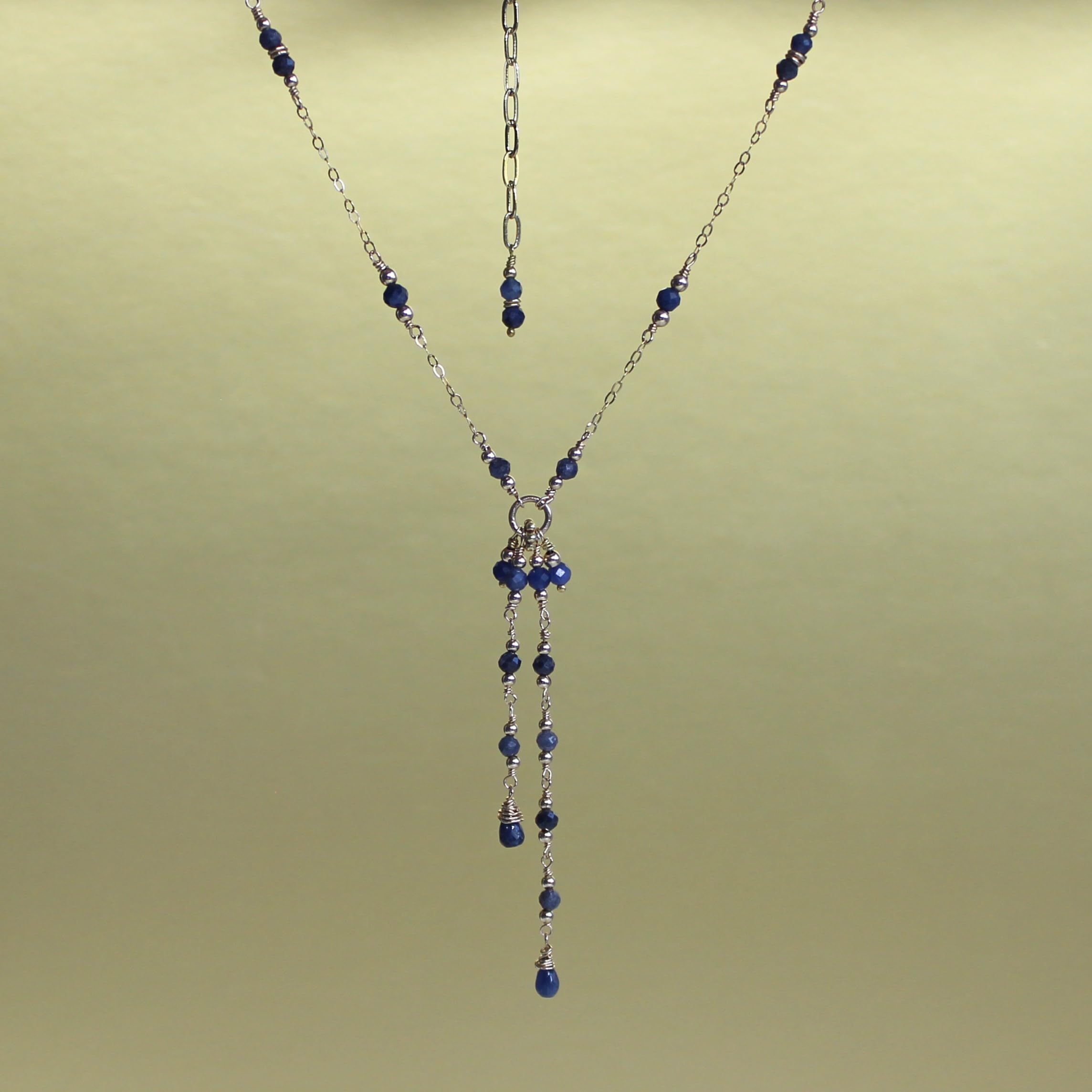 14K Gold Filled Blue Sapphire Lariat Necklace with Tassel & Delicate Y-Chain | 925 Sterling Silver Jewelry (15