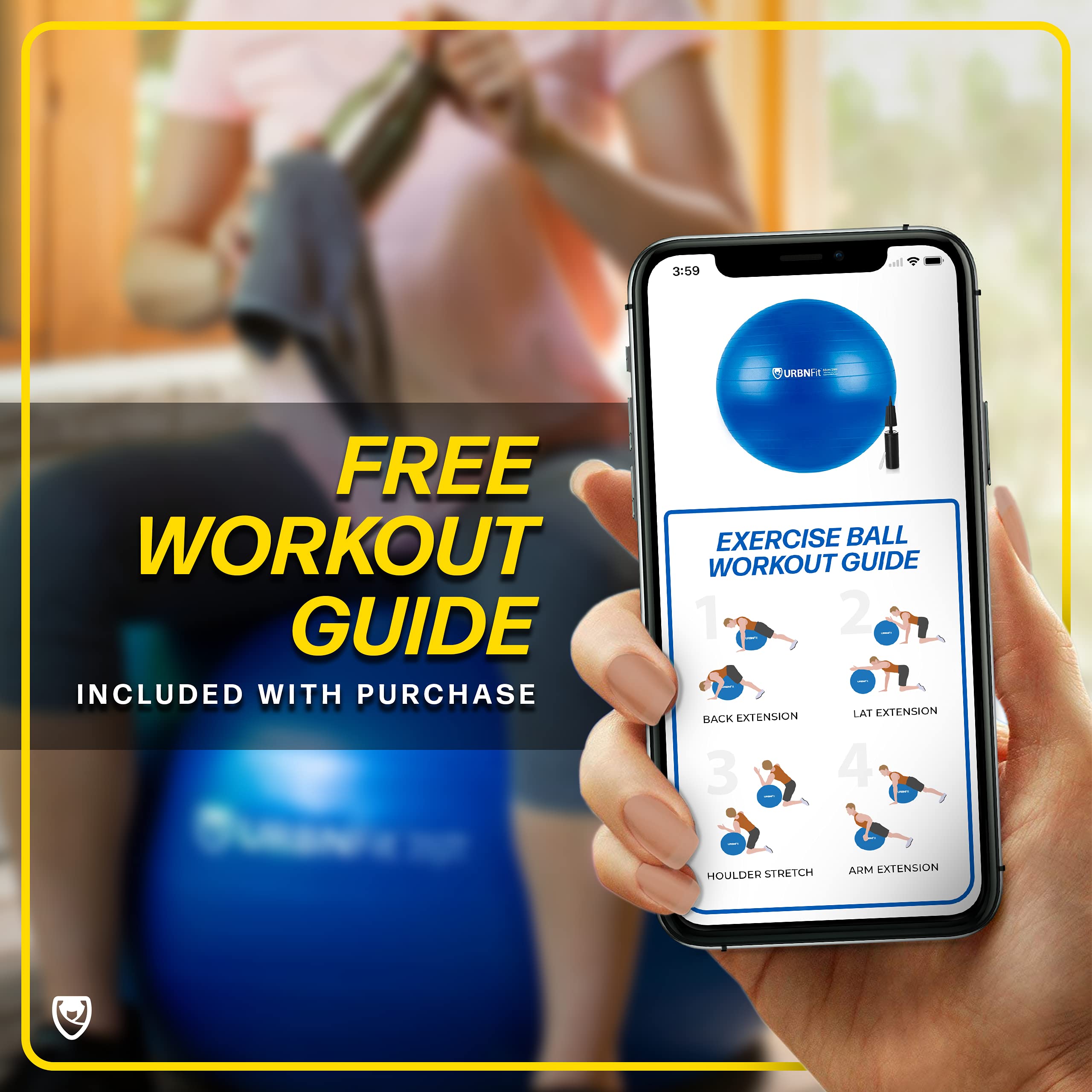 URBNFit Exercise Ball - Anti-Burst Swiss Yoga Ball for Workouts, Pregnancy & Stability Training - Multiple Sizes with Quick Pump - Perfect for Home Gym, Office Chair & Physical Therapy