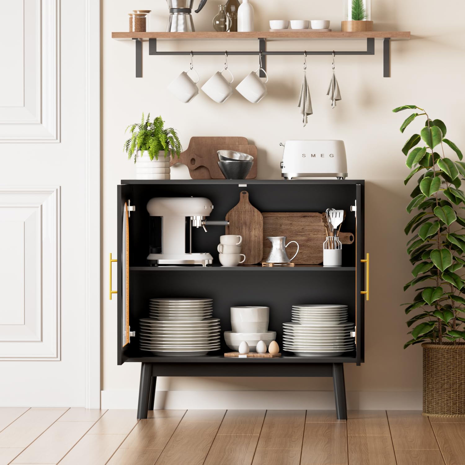 Modern Sideboard Buffet Cabinet with Glass Doors - Adjustable Shelves Kitchen Storage & TV Stand for Living Room, Dining Room - Black | Perfect for Home Decor, Entertaining & Organizing Dishes