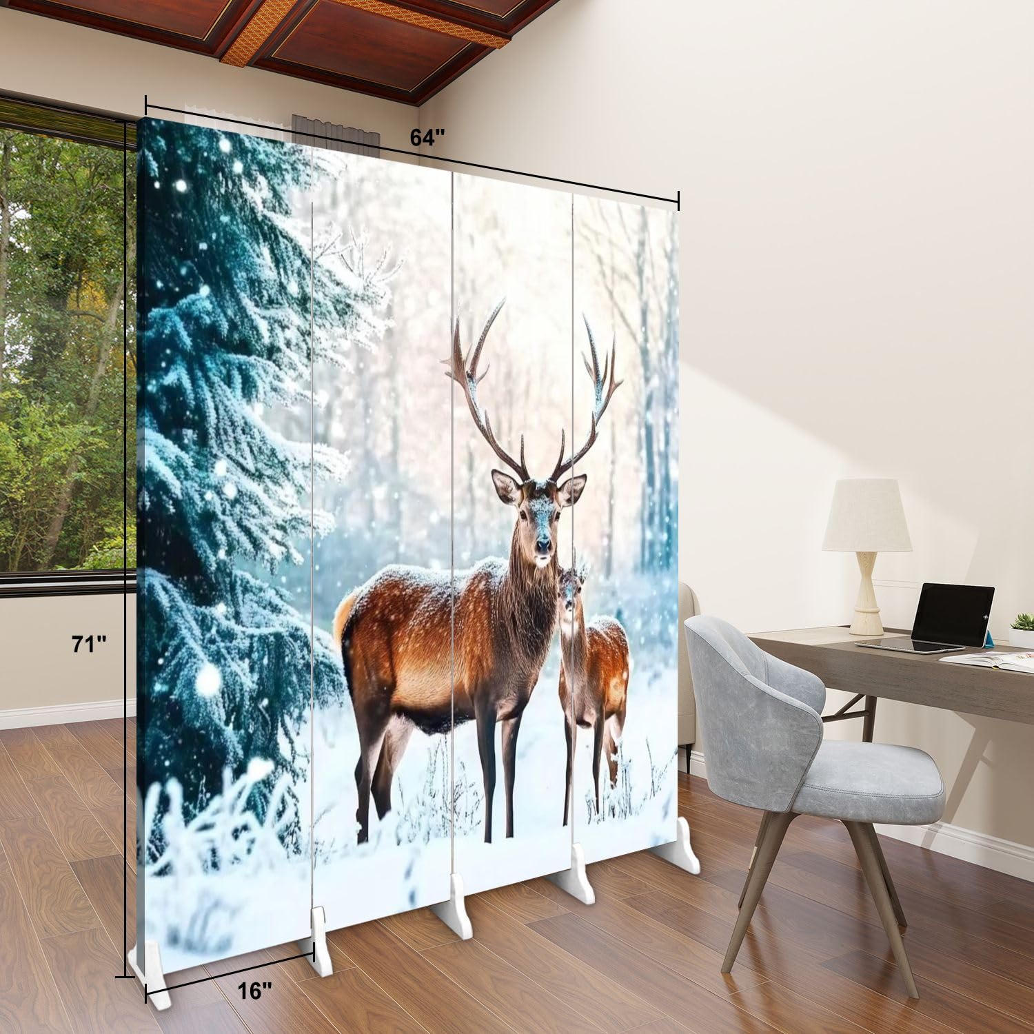 Wooden Room Divider with Deer & Snowy Winter Forest Design - 4-Panel Folding Privacy Screen for Home & Office - Christmas Decor, Dual-Sided Canvas Partition Wall for Indoor Spaces (Bedroom, Living Room, Studio)