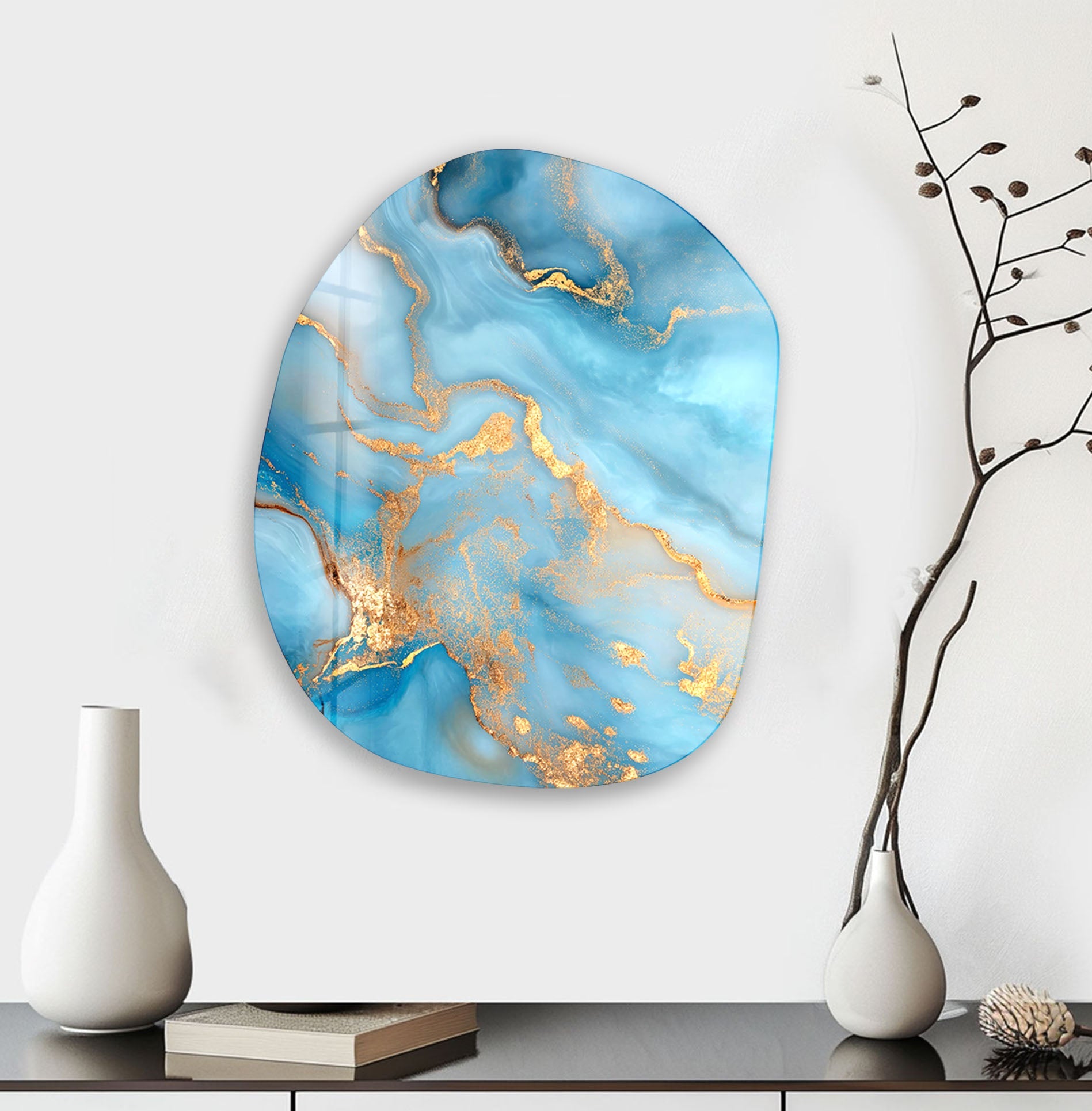 Blue Marble with Gold Sparkles Glass Wall Art - Elegant Home Decor for Living Room, Bedroom & Office - Perfect for Modern & Luxury Interior Design