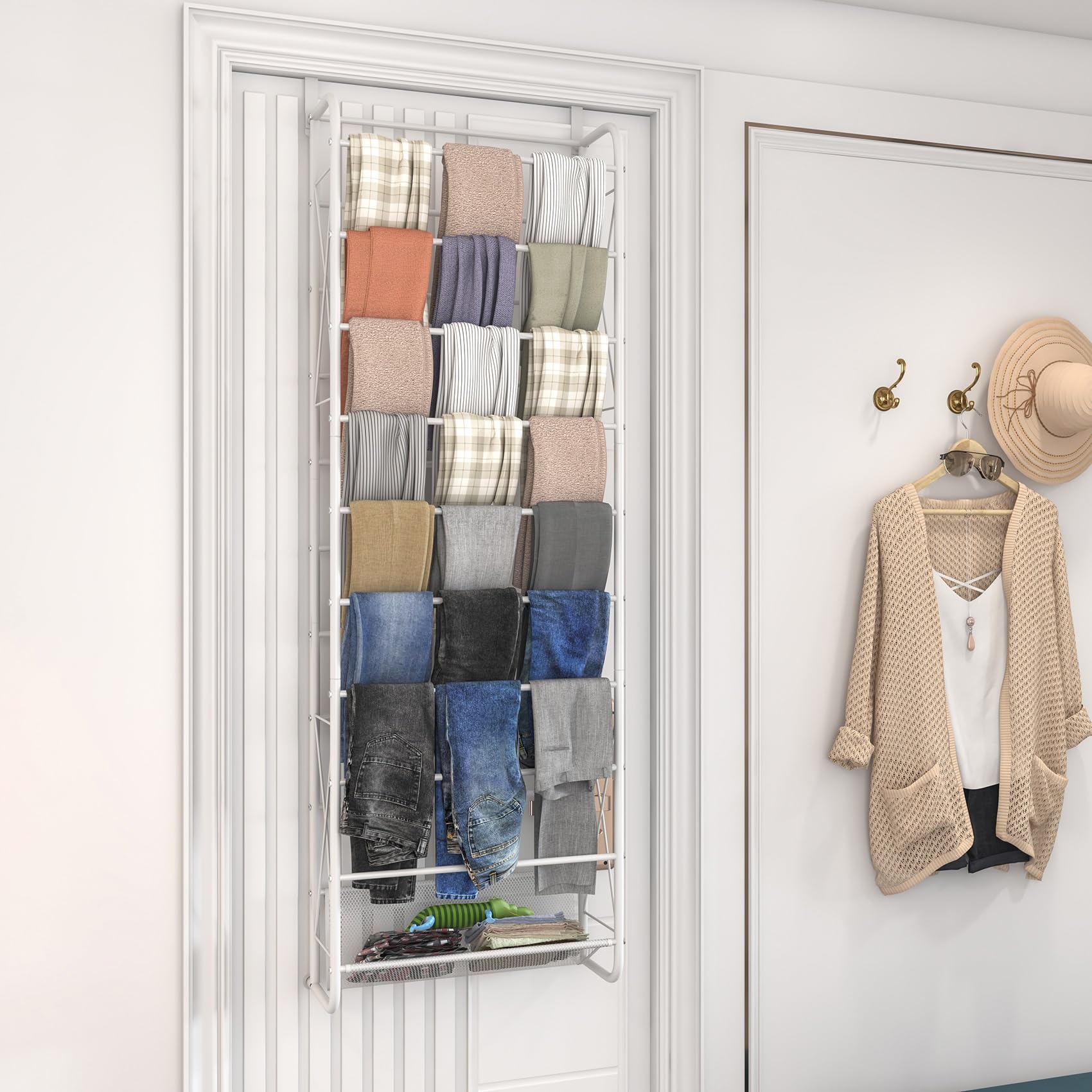 JSB 10-Tier Over The Door Shoe Organizer - Mesh Fabric Hanging Storage for Shoes, Clothes & Toys - Space Saving X-Structure Design - Perfect for Closet, Pantry & Bedroom (Matte White)