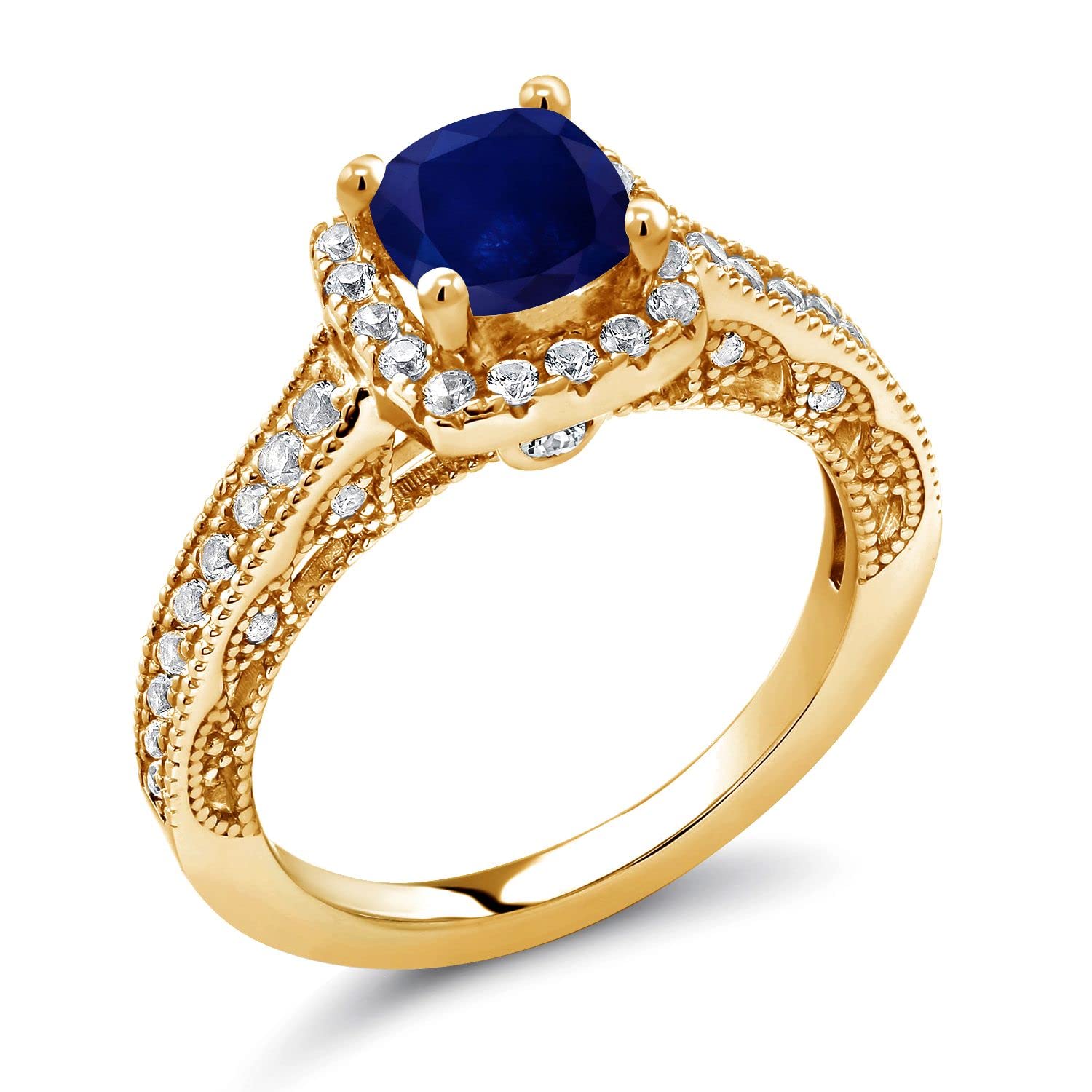 1.88 Ct Natural Blue Sapphire & White Created Sapphire Ring - 18K Yellow Gold Plated Sterling Silver - Elegant Wedding, Engagement & Anniversary Jewelry Gift for Women