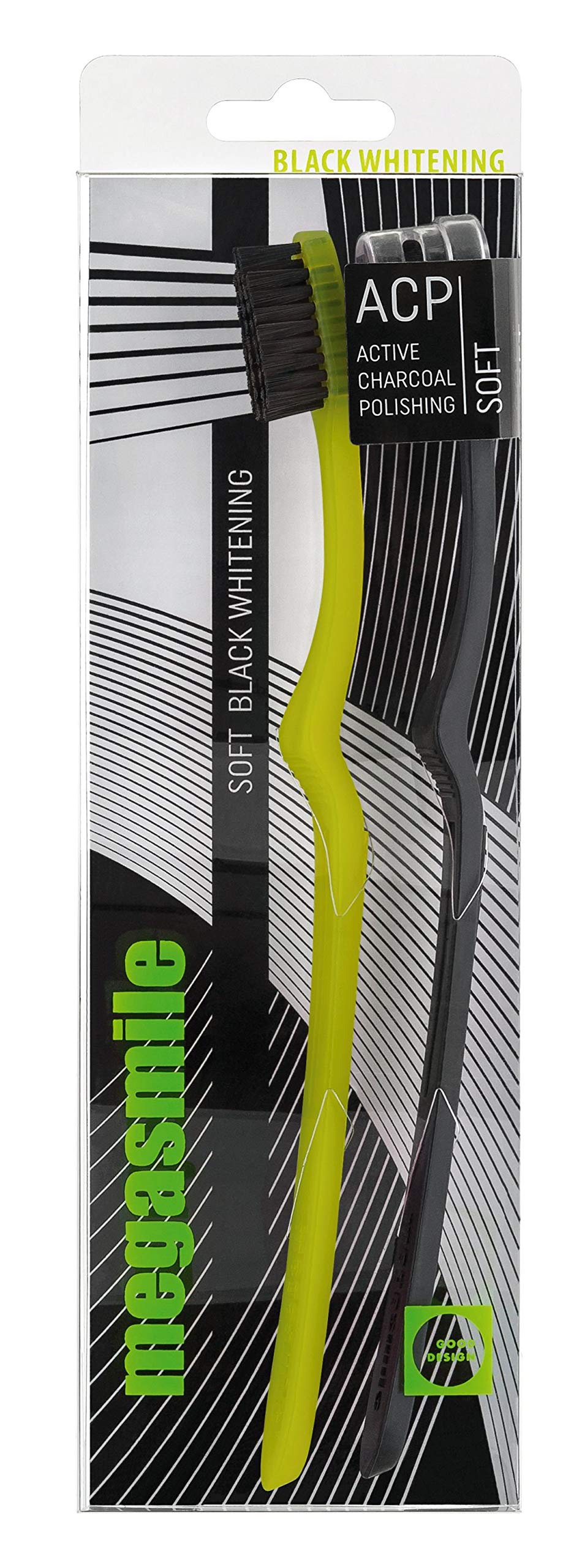 Black Megasmile Whitening Toothbrushes (2-Pack) - Professional Teeth Whitening & Stain Removal for Daily Oral Care at Home or Travel