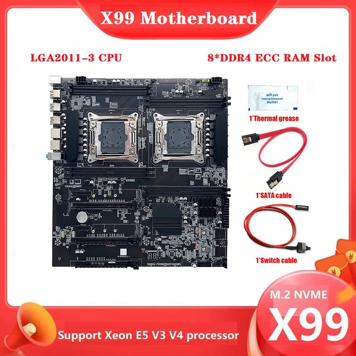 XIDIT X99 Dual-Socket LGA2011-3 Motherboard with 8x DDR4 ECC RAM Slots, Switch Line, SATA Cable & Thermal Grease - Supports Intel Xeon E5 V3/V4 CPUs | Perfect for Server Builds, Workstations & High-Performance Computing
