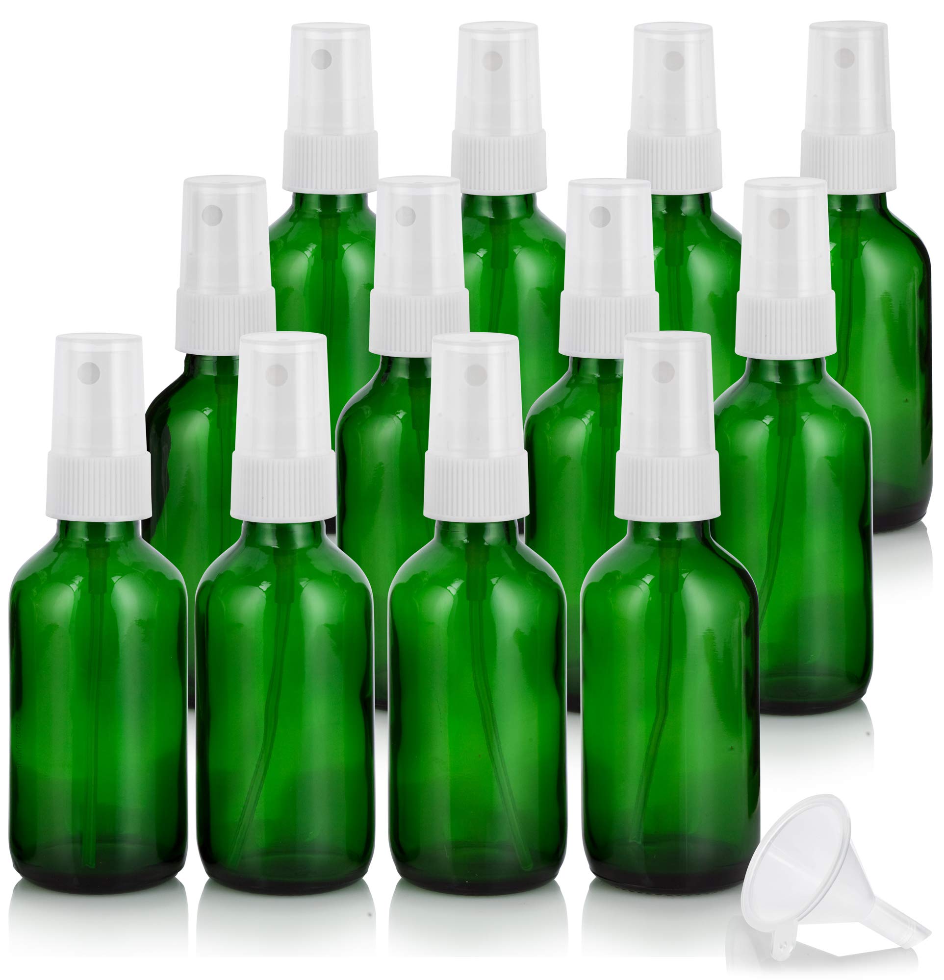 JUVITUS 12-Pack 2 oz Green Glass Boston Round Bottles with Fine Mist Sprayer & Funnel - Refillable Essential Oil, Perfume, Hair & Skin Care Spray Bottles for Home, Travel & DIY Projects