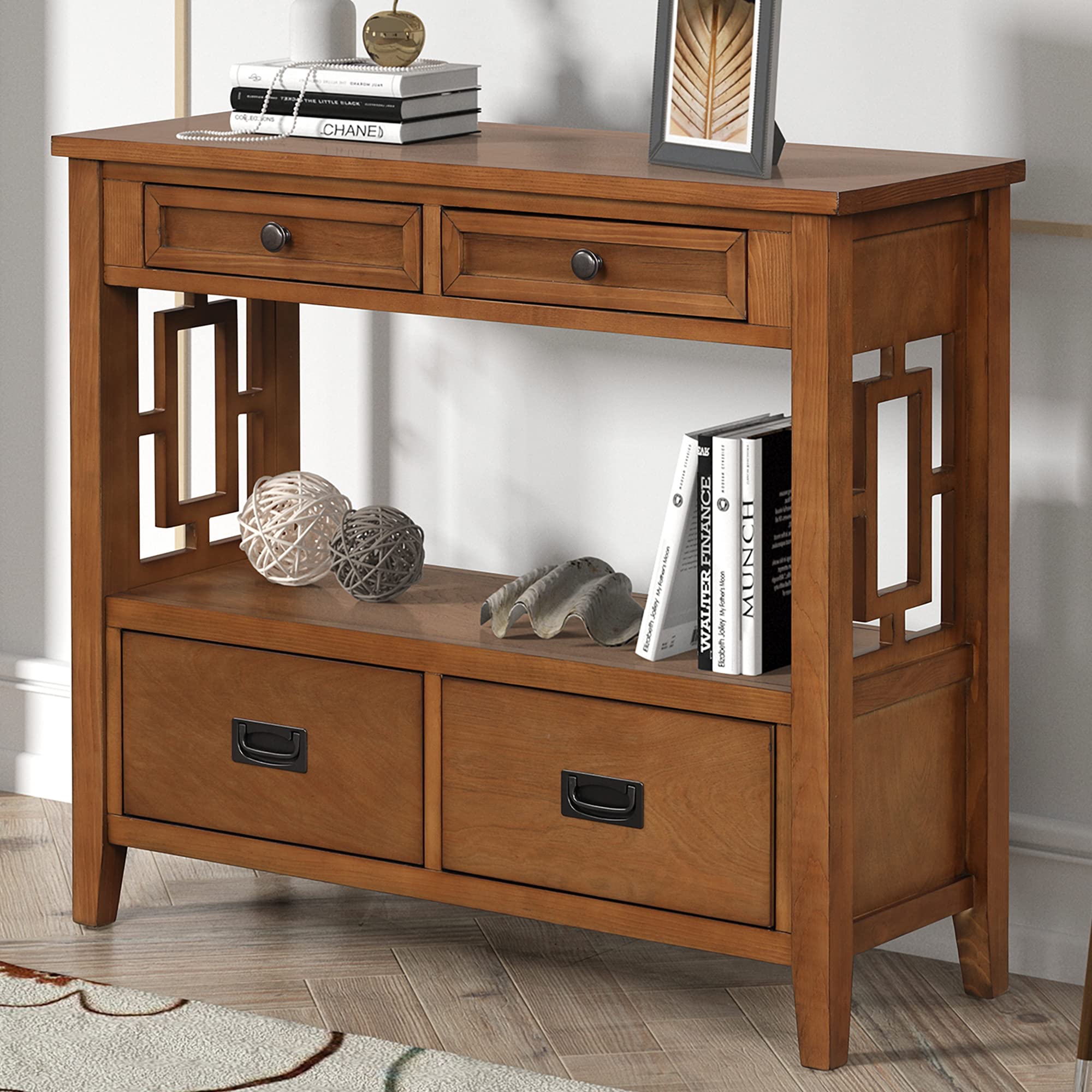 Quarte Retro Style Console Table - Solid Wood Entryway Sofa Table with 4 Drawers & 1 Shelf, Easy Assembly for Hallway, Living Room & Bedroom - Espresso Finish | Perfect for Small Space Decor & Home Organization