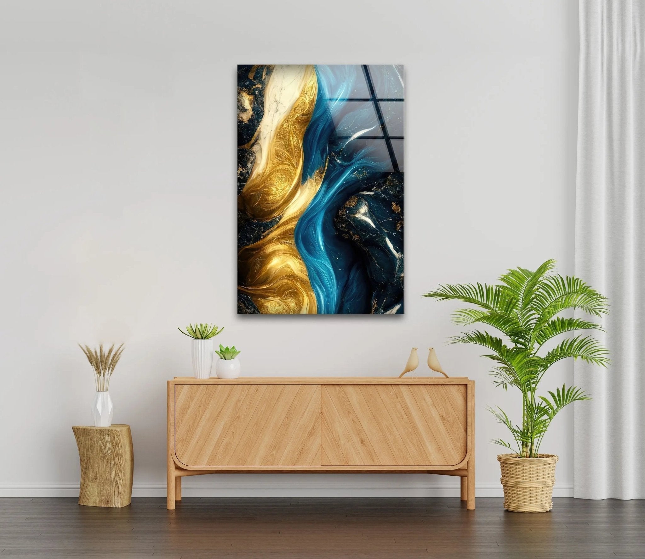 Abstract Marble Blue and Gold Glass Wall Art - Modern Home Decor for Living Room, Bedroom & Office - Elegant Handmade Glass Panel for Wall Display