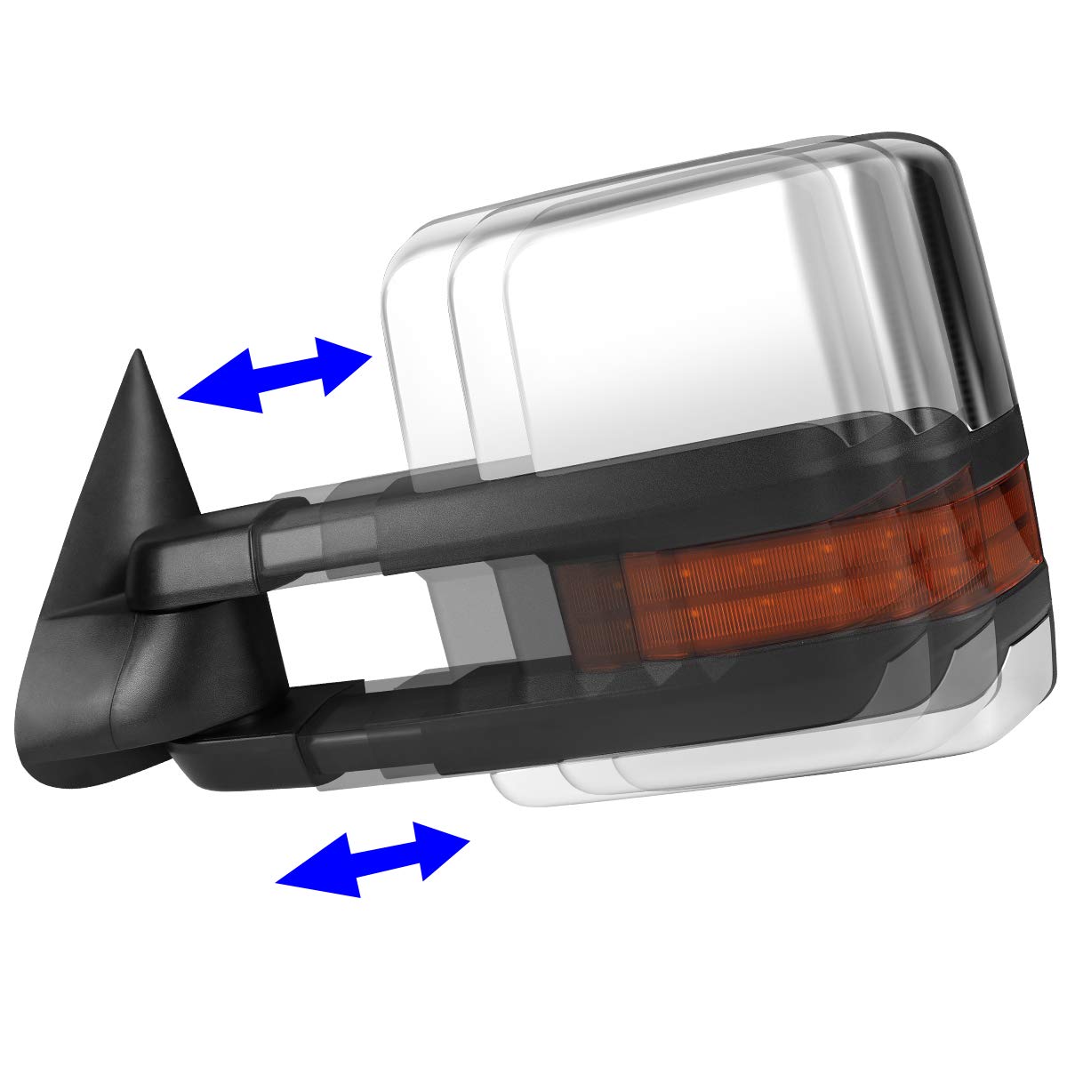 DNA MOTORING TWM-028-T666-CH-AM Chrome Manual Telescoping Towing Mirrors with Amber LED Turn Signals for 2007-2013 Chevy Silverado 1500 - Perfect for Enhanced Visibility & Safety During Towing & Night Driving