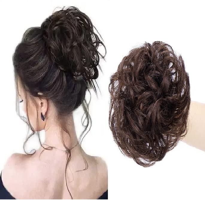 MoonEyes Hair Bun Extension Band - Synthetic Hairpiece for Women & Girls - Brown Curly Wavy Hair - Perfect for Updos, Ponytails & Special Occasions