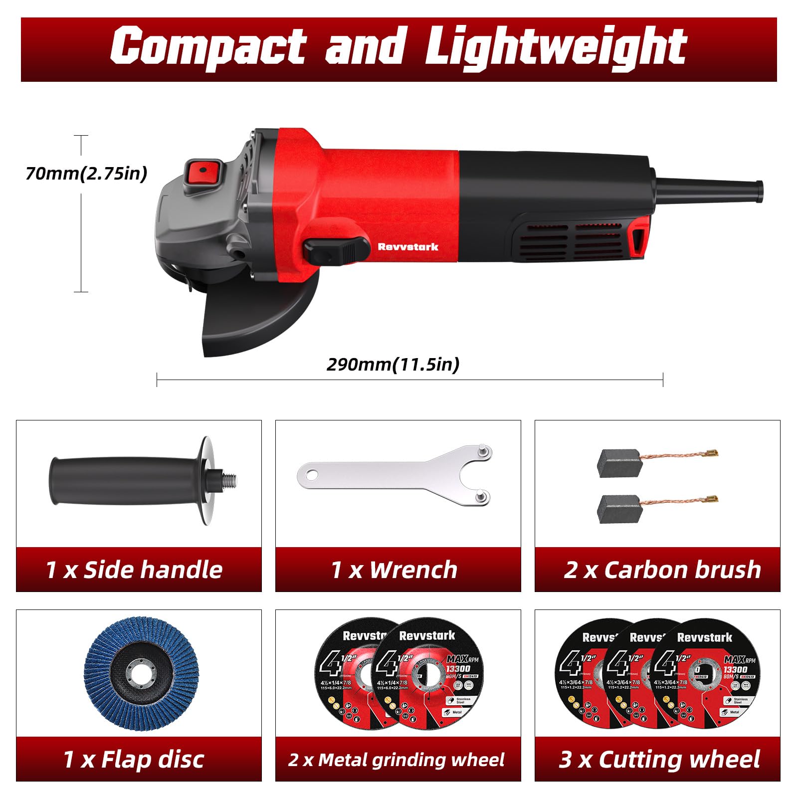 7.5-Amp 4-1/2 Inch Angle Grinder - 12000 RPM Electric Power Tool with Cutting Wheel, Grinding Wheel & Flap Disc - Perfect for Metal Cutting, Grinding, Polishing & DIY Projects