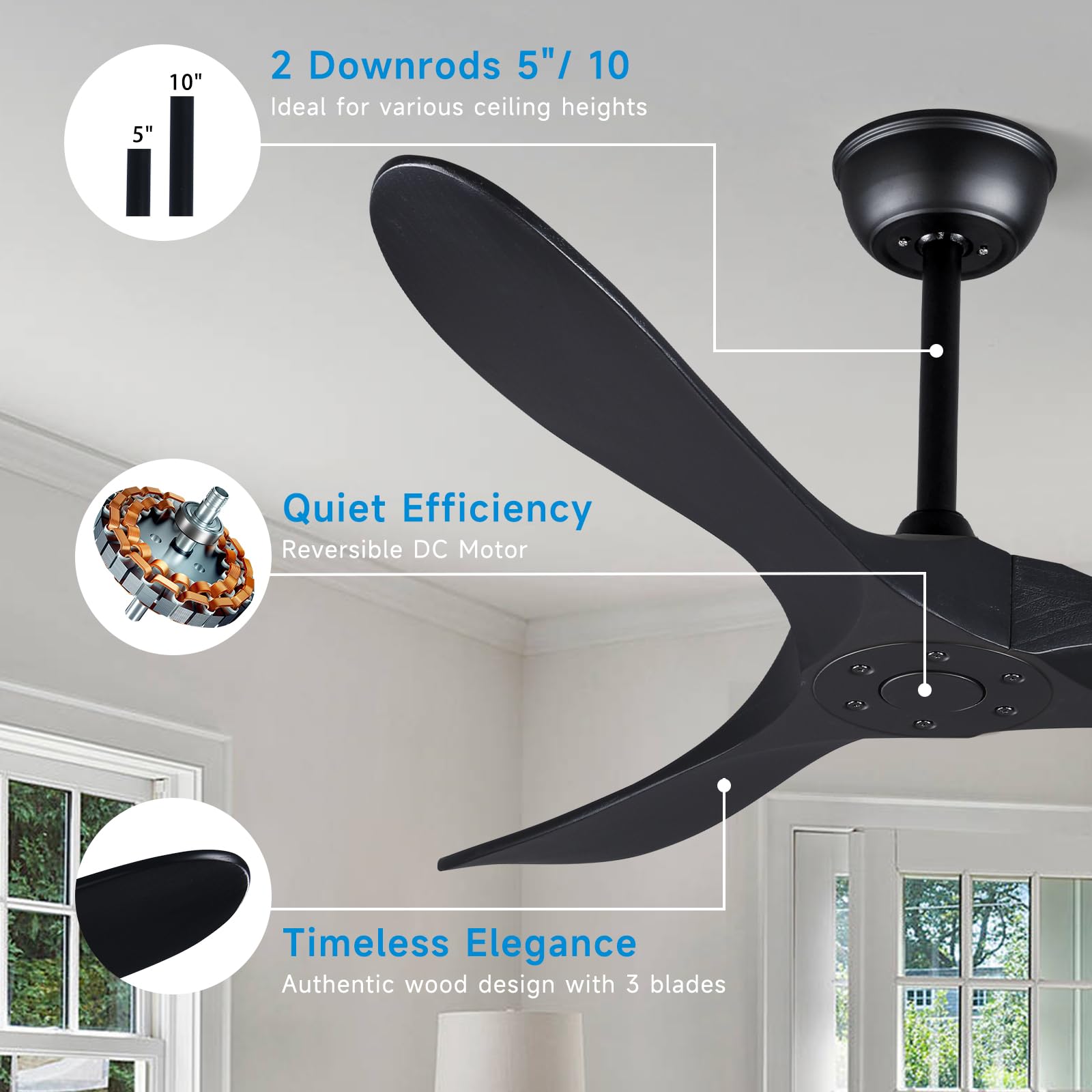 Bigzone 52 Inch Smart Ceiling Fan with Remote Control - Energy Efficient DC Motor (27W), Reversible Blades for Indoor/Outdoor Use - Perfect for Living Room, Bedroom, Patio & Office Spaces