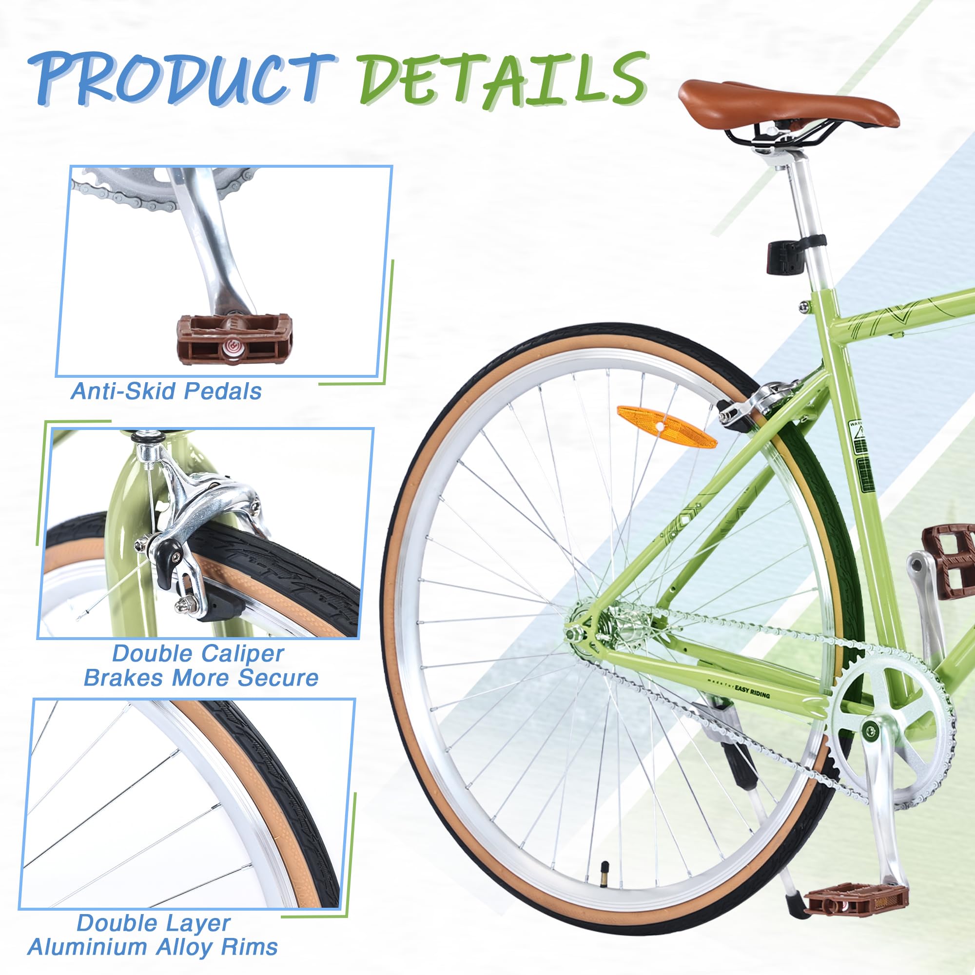 Fixed Gear Single Speed Road Bike 700C 28 Inch - Lightweight Urban Commuter Bicycle for Men & Women - Perfect for Teens & Adults - Double Rim Brakes - 4 Color Options - Ideal for City Riding, Fitness & Daily Commuting