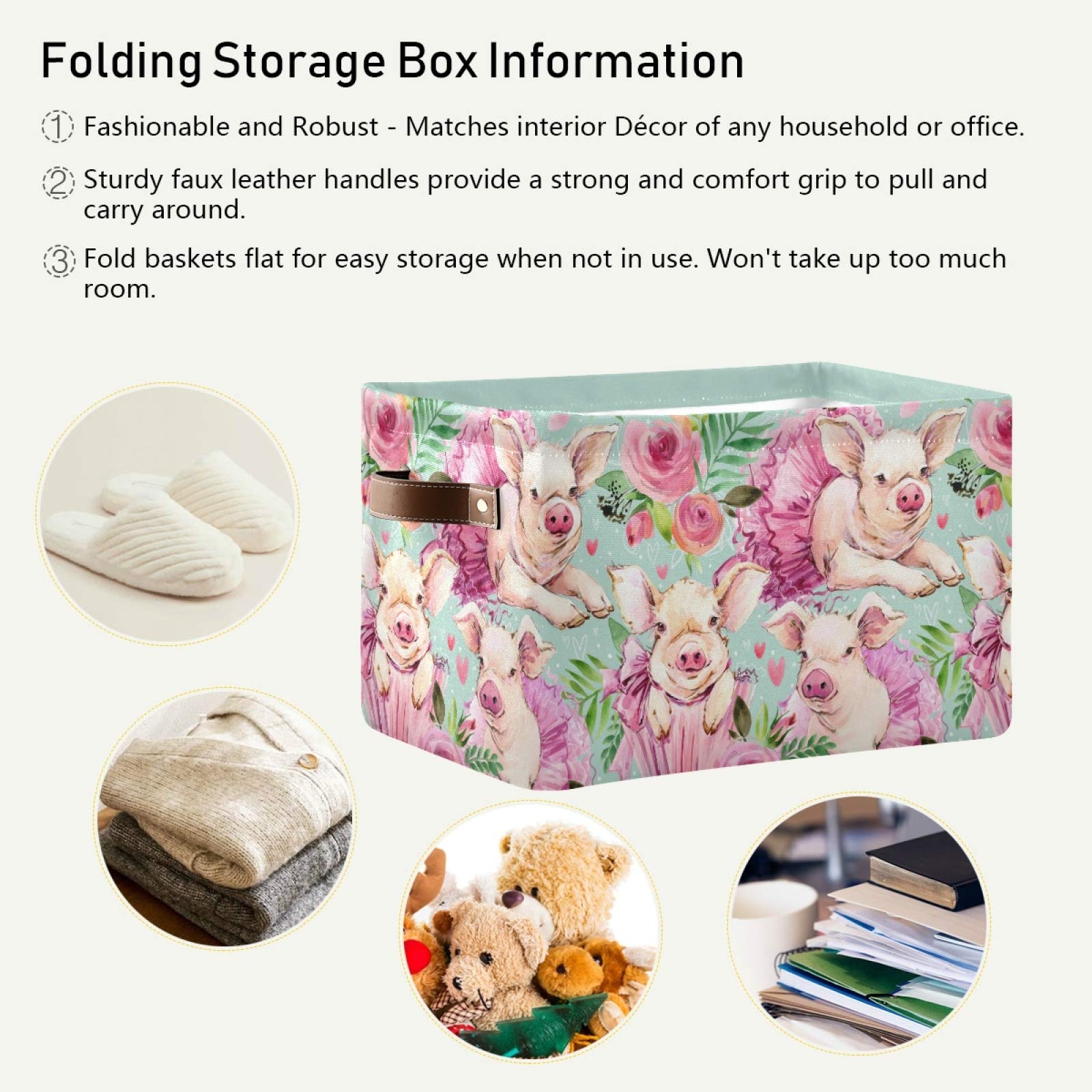 Waterproof Collapsible Storage Basket with PU Handles - Cute Pig Design Organizer for Nursery, Laundry & Home Organization (2-Pack) | Perfect for Baby Rooms, Closet Storage & Toy Organization
