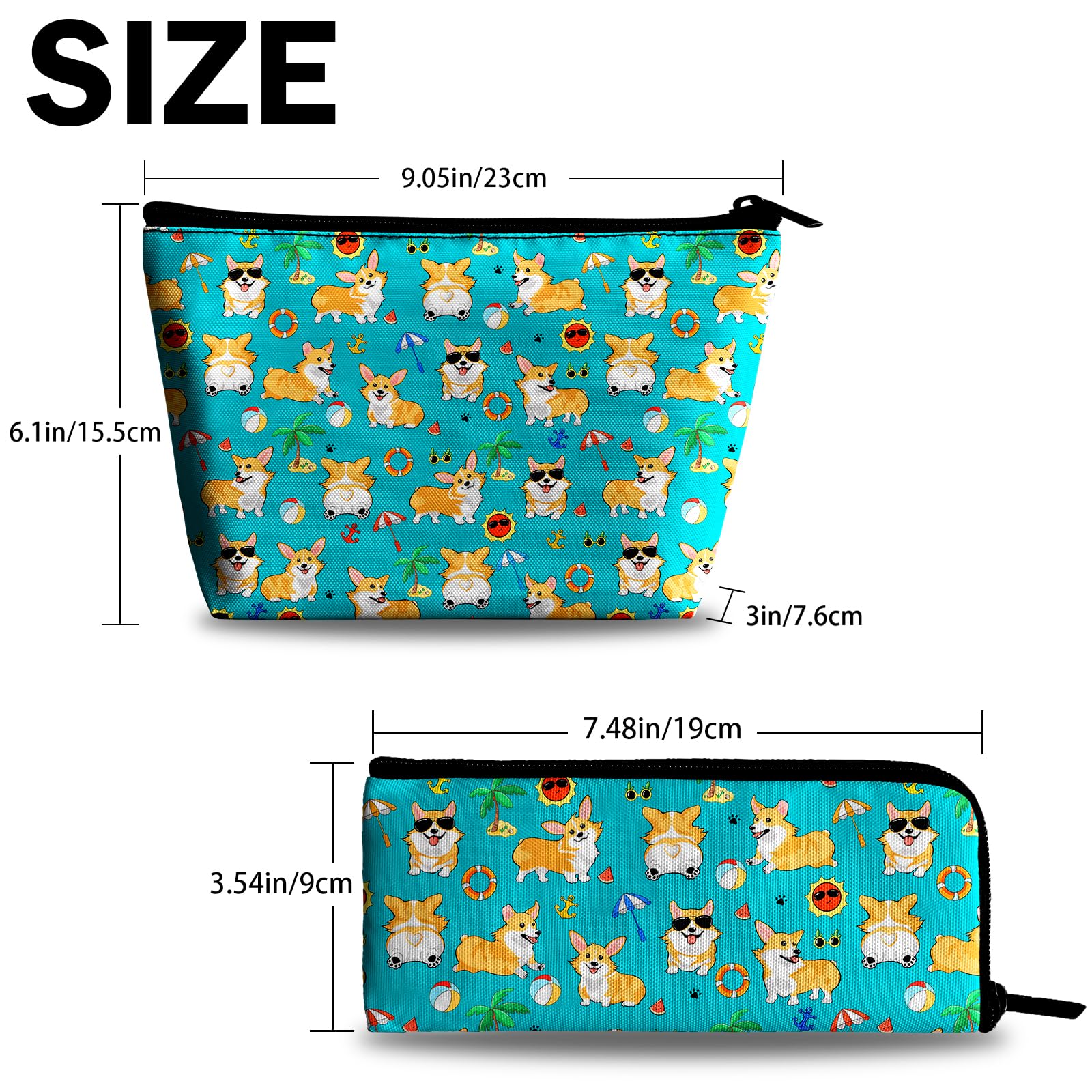 Funny Corgi Dogs Summer Pattern Makeup Bag & Pencil Case Set - Large Capacity Cosmetic Bag for Women, Travel Toiletry Organizer & Makeup Brushes Storage - Perfect for Vacation, Beach Trips & Daily Beauty Routine