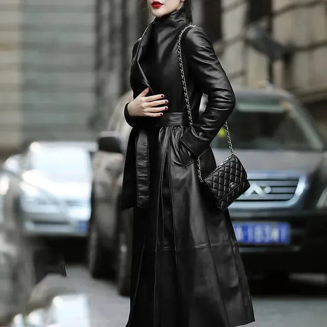 Venice Genuine Leather Trench Coat for Women - Waterproof Long Coat with Belt - Elegant Outerwear for Fall & Winter Fashion, Office Wear and Travel
