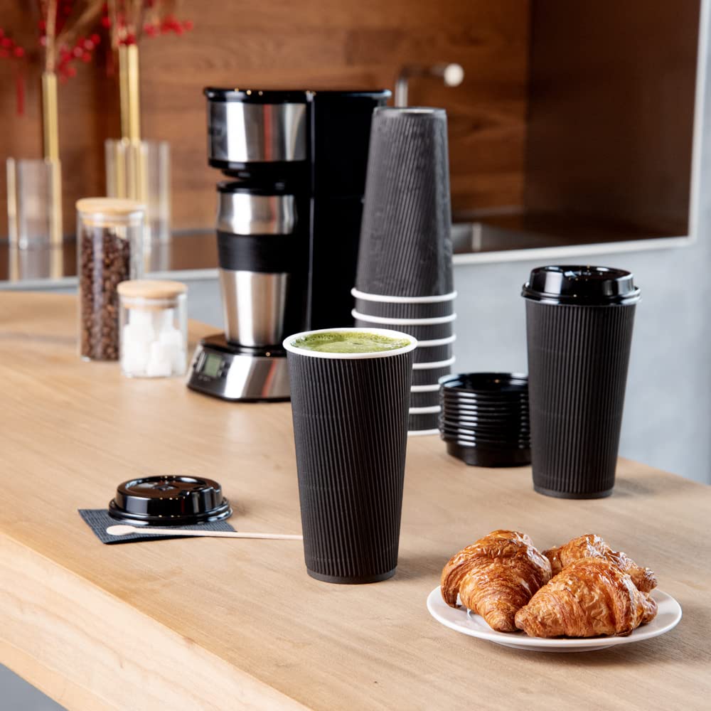 20oz Ripple Insulated Coffee Cups - 250 Pack Double Wall Corrugated Paper Cups with Secure Grip | Eco-Friendly & Leakproof Black Ribbed Coffee Cups | Perfect for Coffee Shops, Offices & Catering Events (Lids Sold Separately)