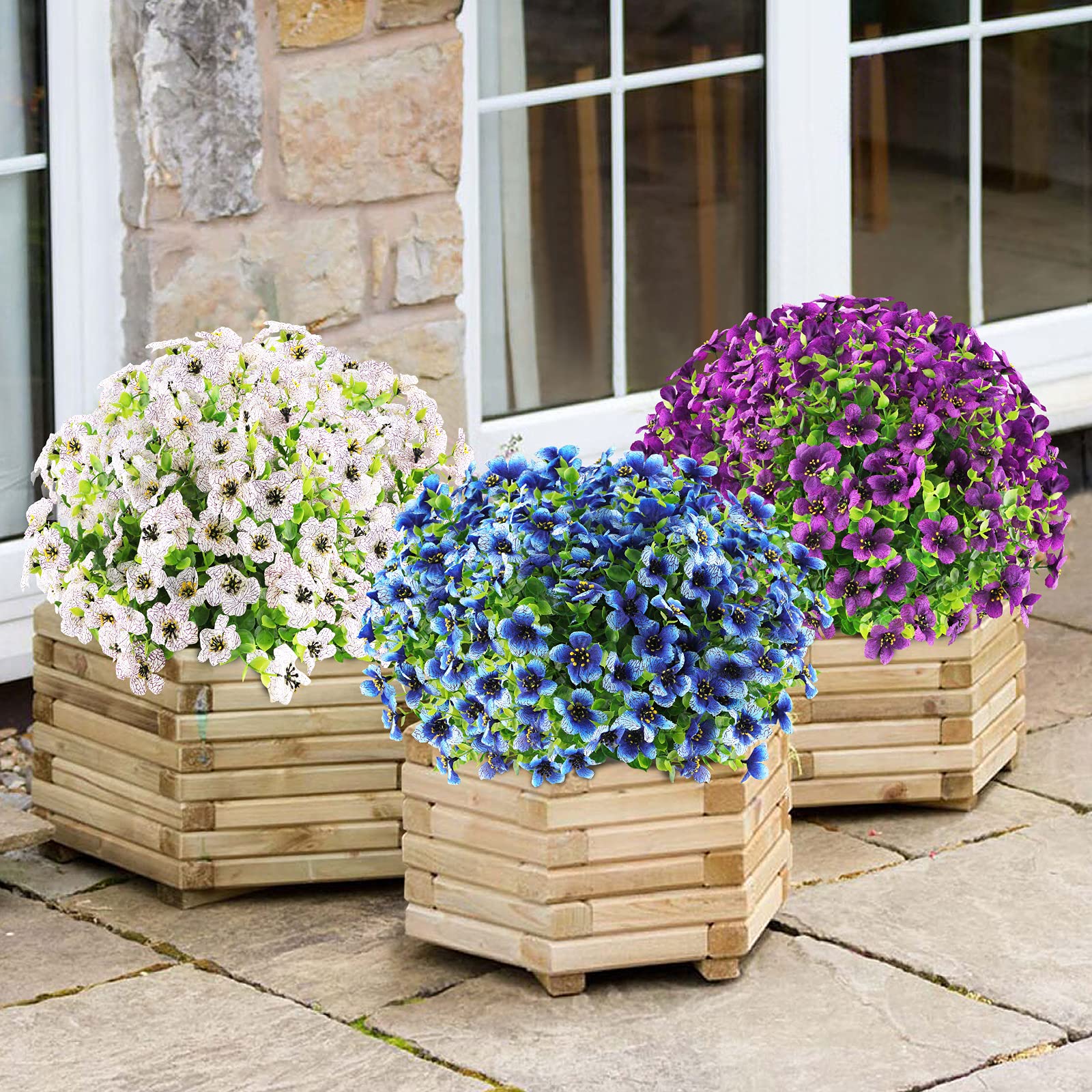 GREENRAIN 18 Bundles UV Resistant Artificial Flowers - Outdoor Fake Plants for Garden, Window Box & Porch Decor - Faux Plastic Flowers in Blue - Perfect for Home, Wedding & Party Decoration