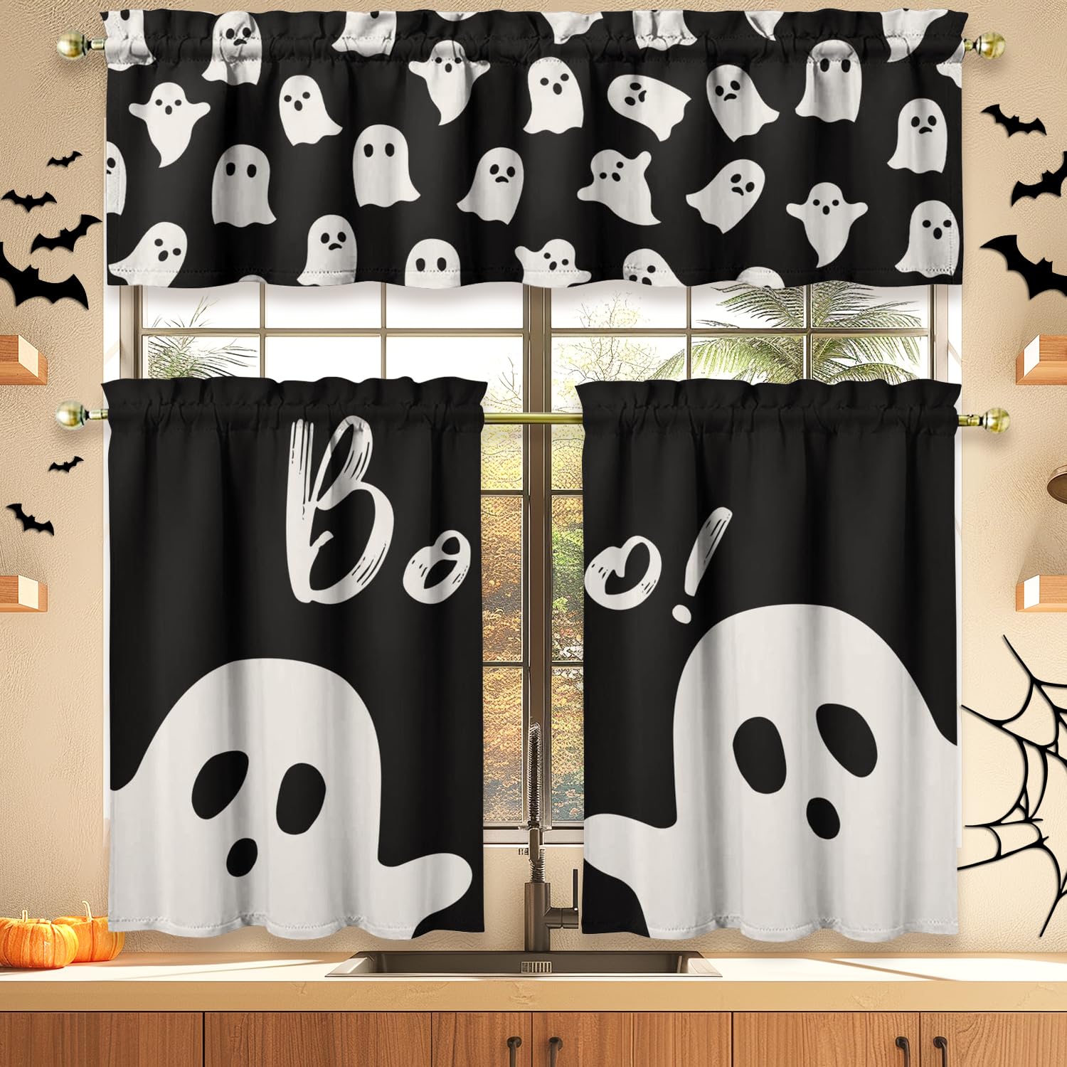 Spooky Halloween Kitchen Curtains 3-Piece Set - Ghost Design for Sink Window Decor