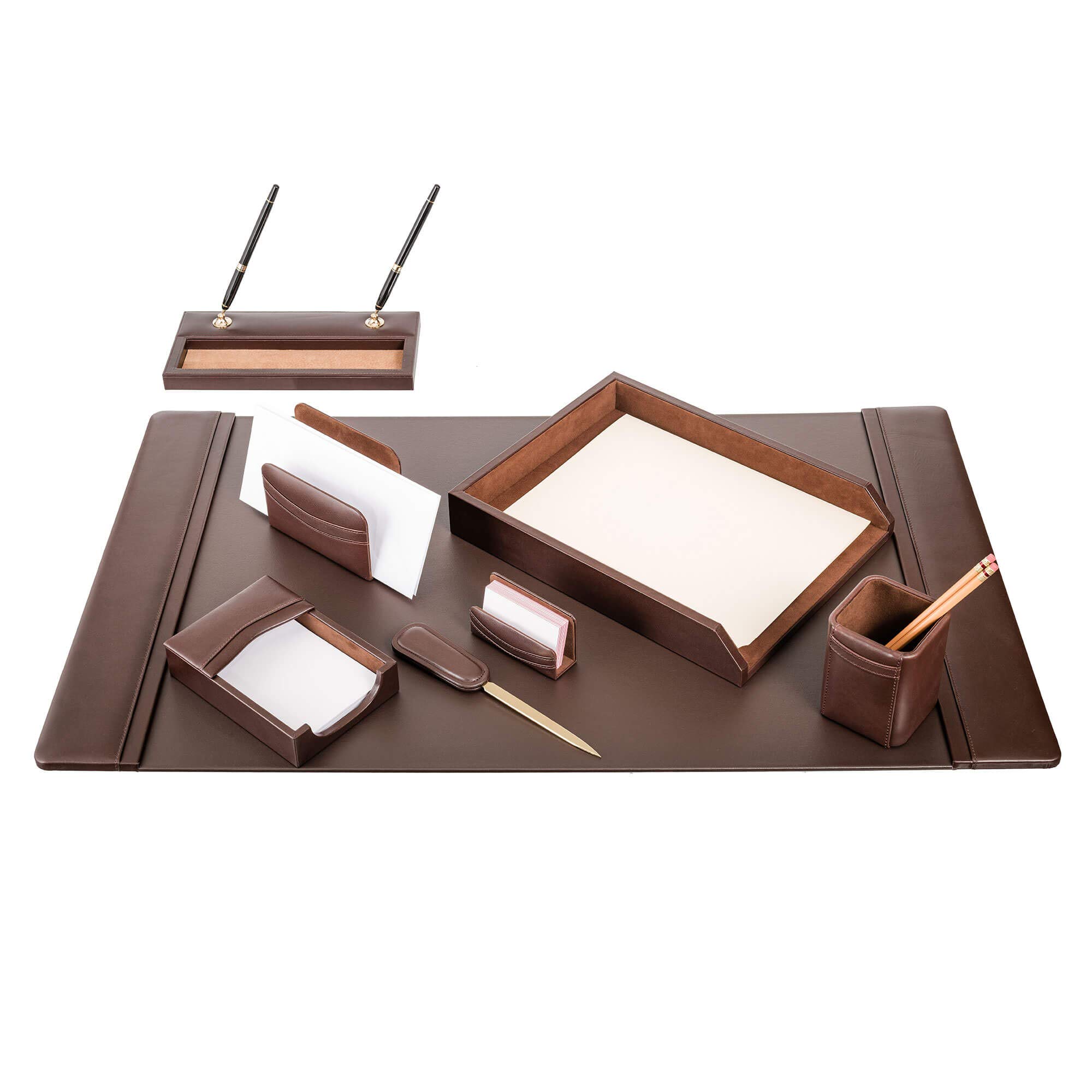 Premium Dacasso Classic Leather Desk Set - 8-Piece Office Organizer in Chocolate Brown | Perfect for Executive Desks, Home Offices & Professional Workspaces
